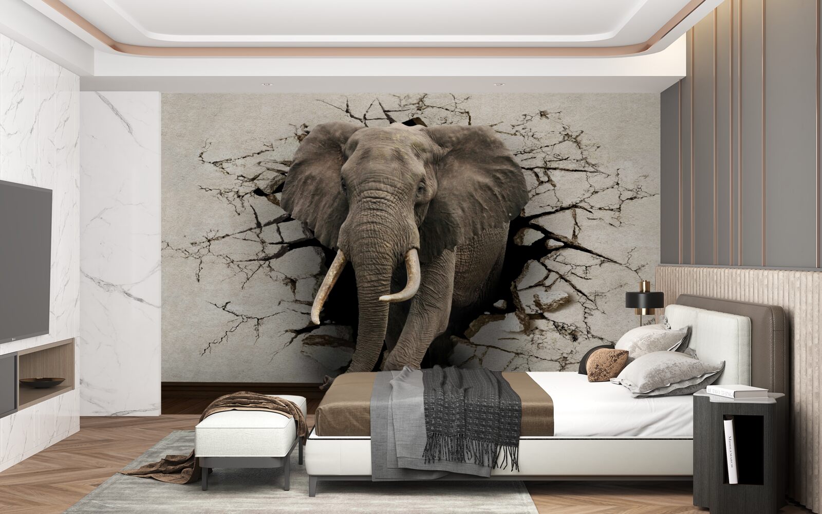 Fototapeta silný slon ničí šedú bariéru
