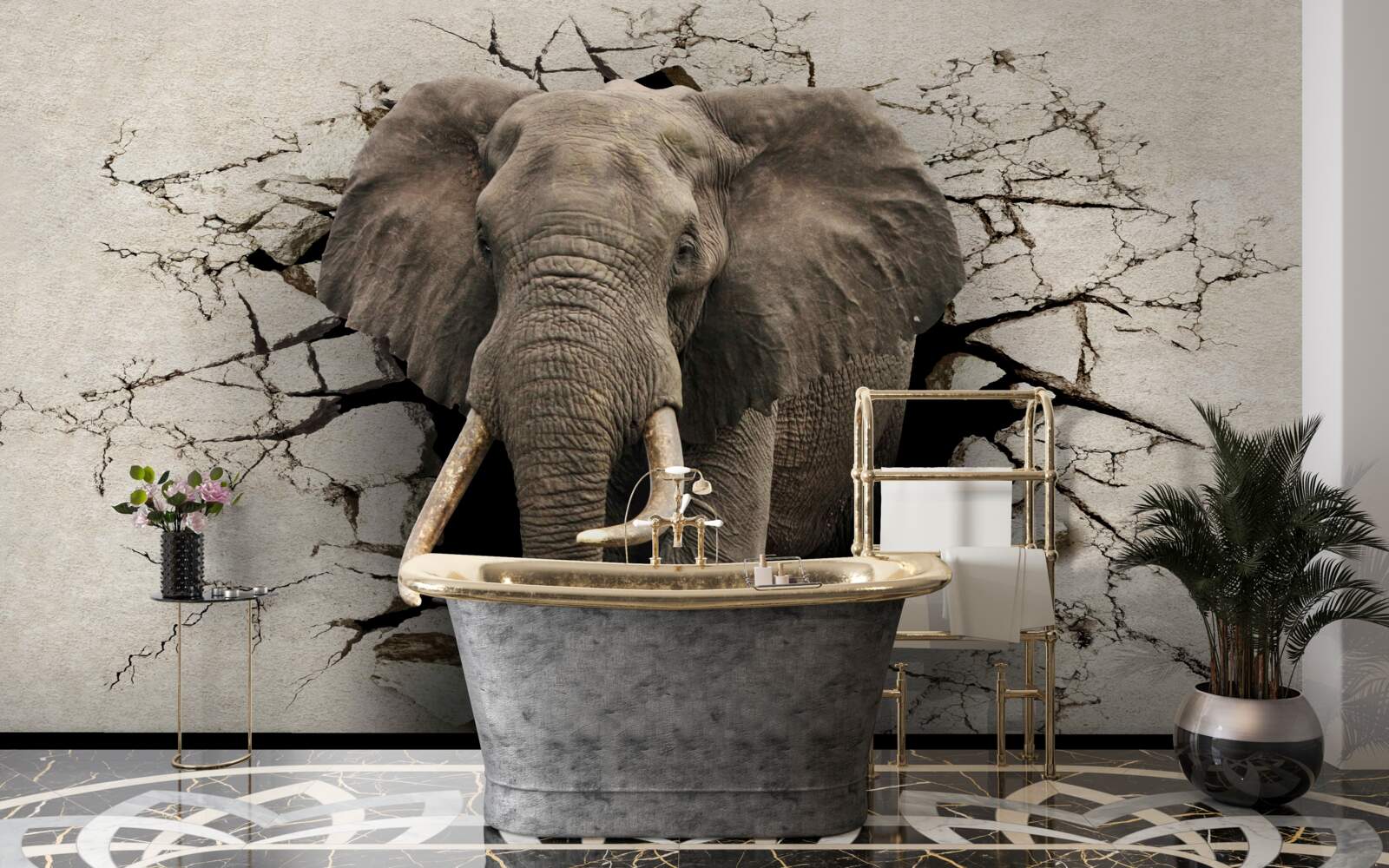 Fototapeta silný slon ničí šedú bariéru