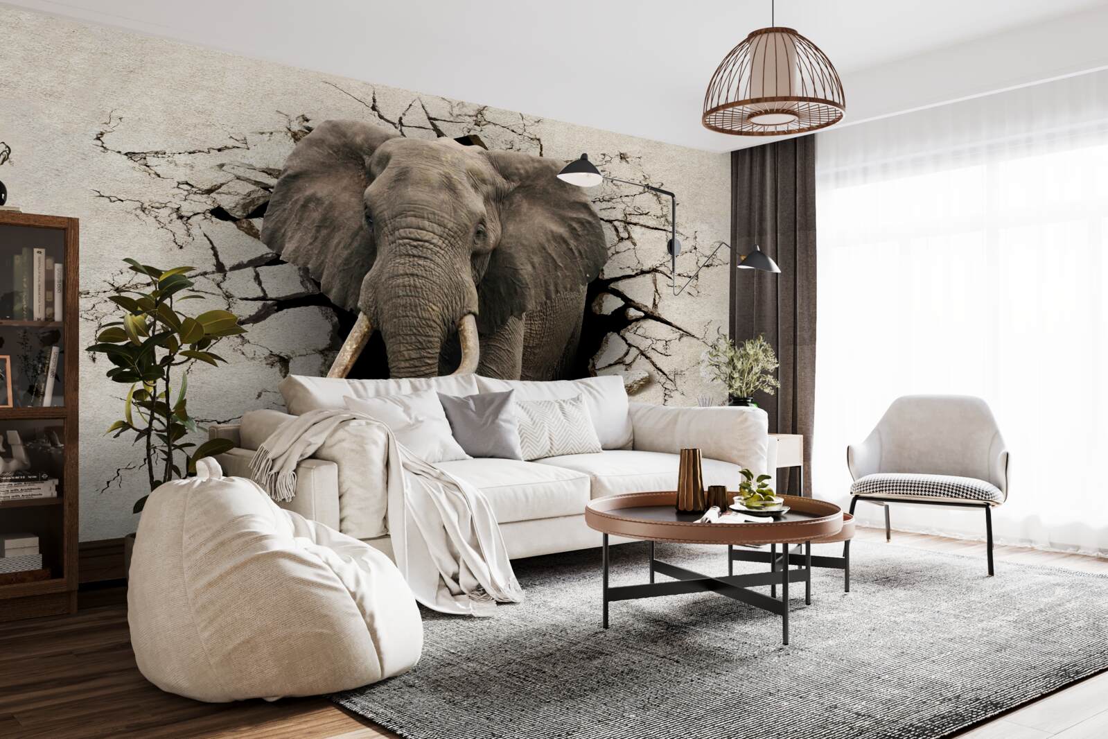 Fototapeta silný slon ničí šedú bariéru