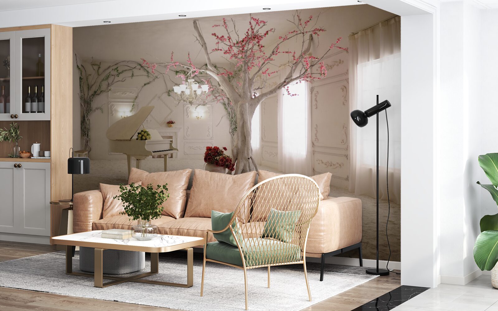 Fototapeta v strede miestnosti je klavír a strom