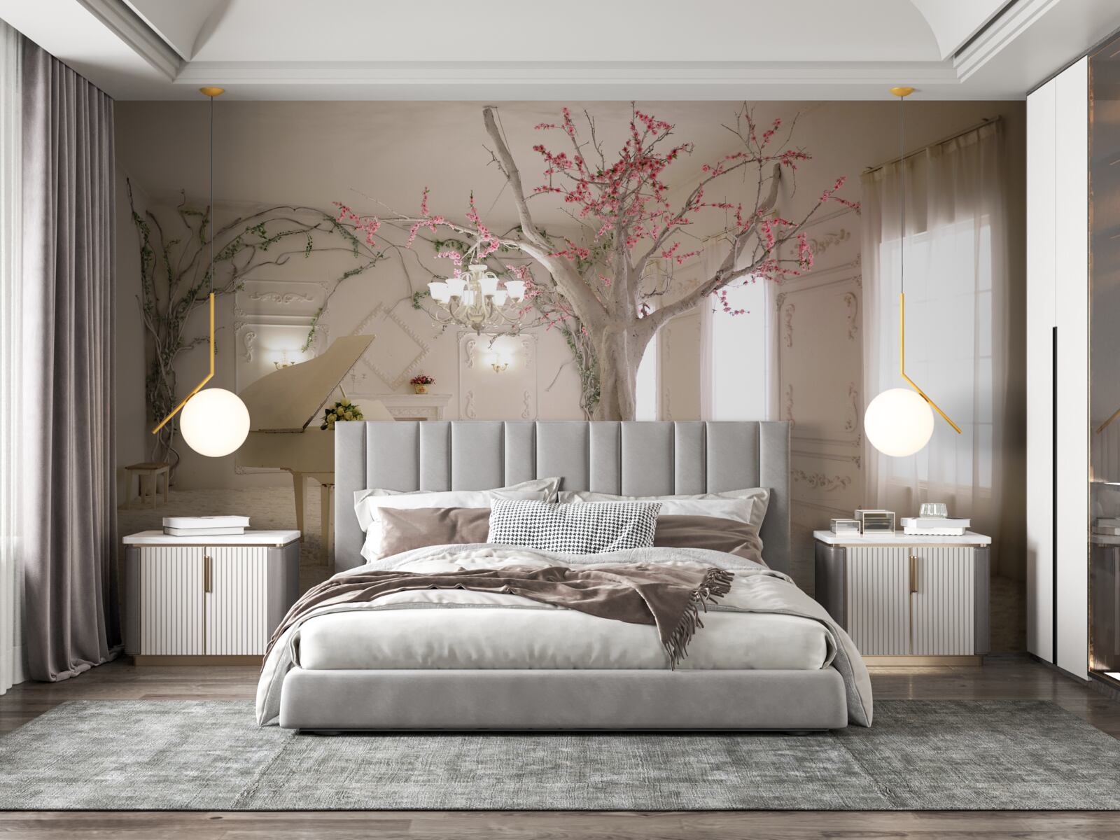 Fototapeta v strede miestnosti je klavír a strom