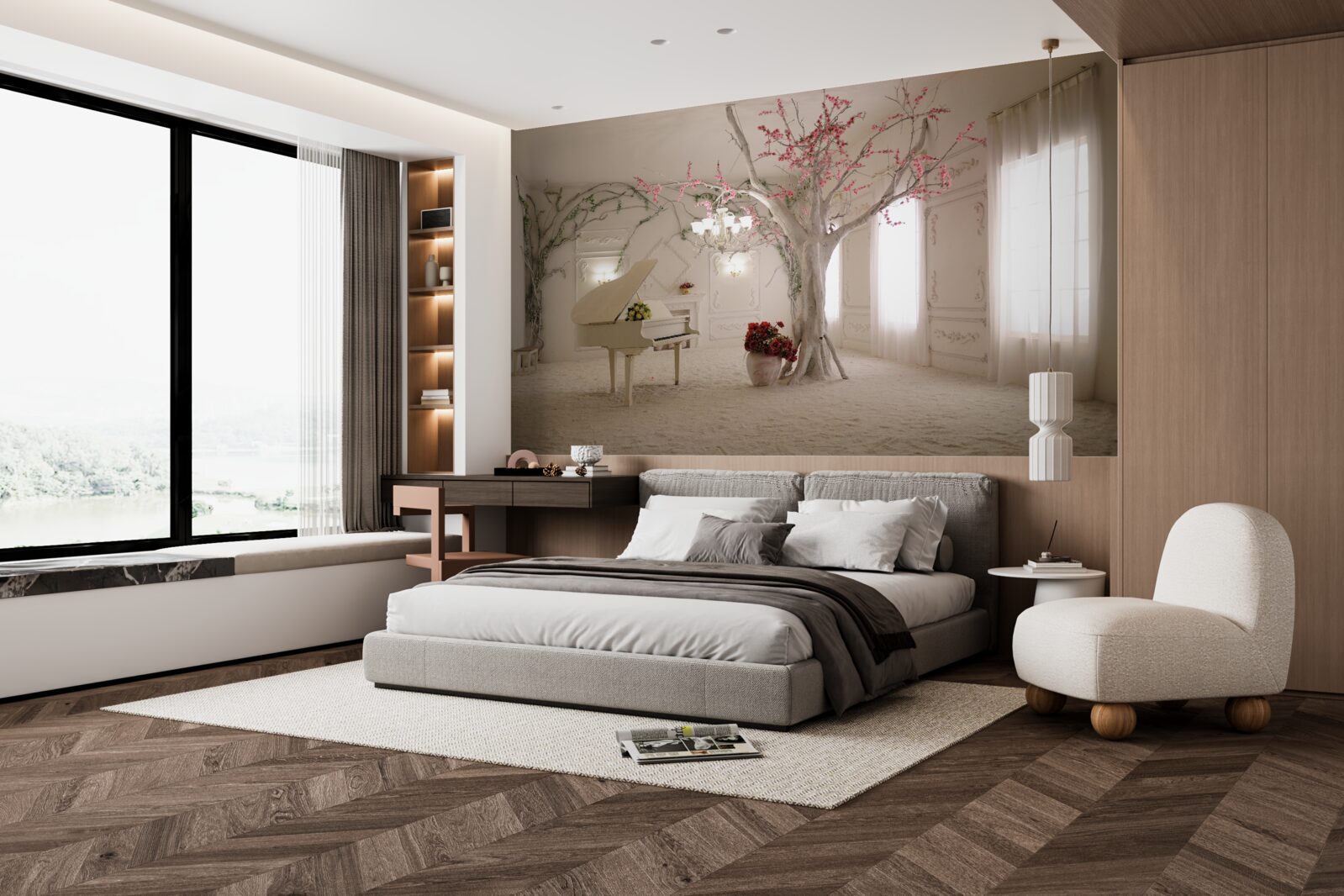 Fototapeta v strede miestnosti je klavír a strom