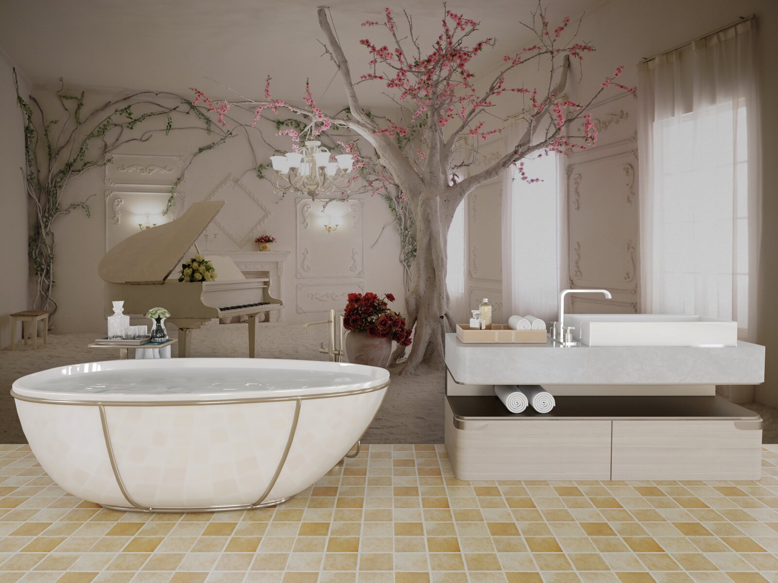 Fototapeta v strede miestnosti je klavír a strom