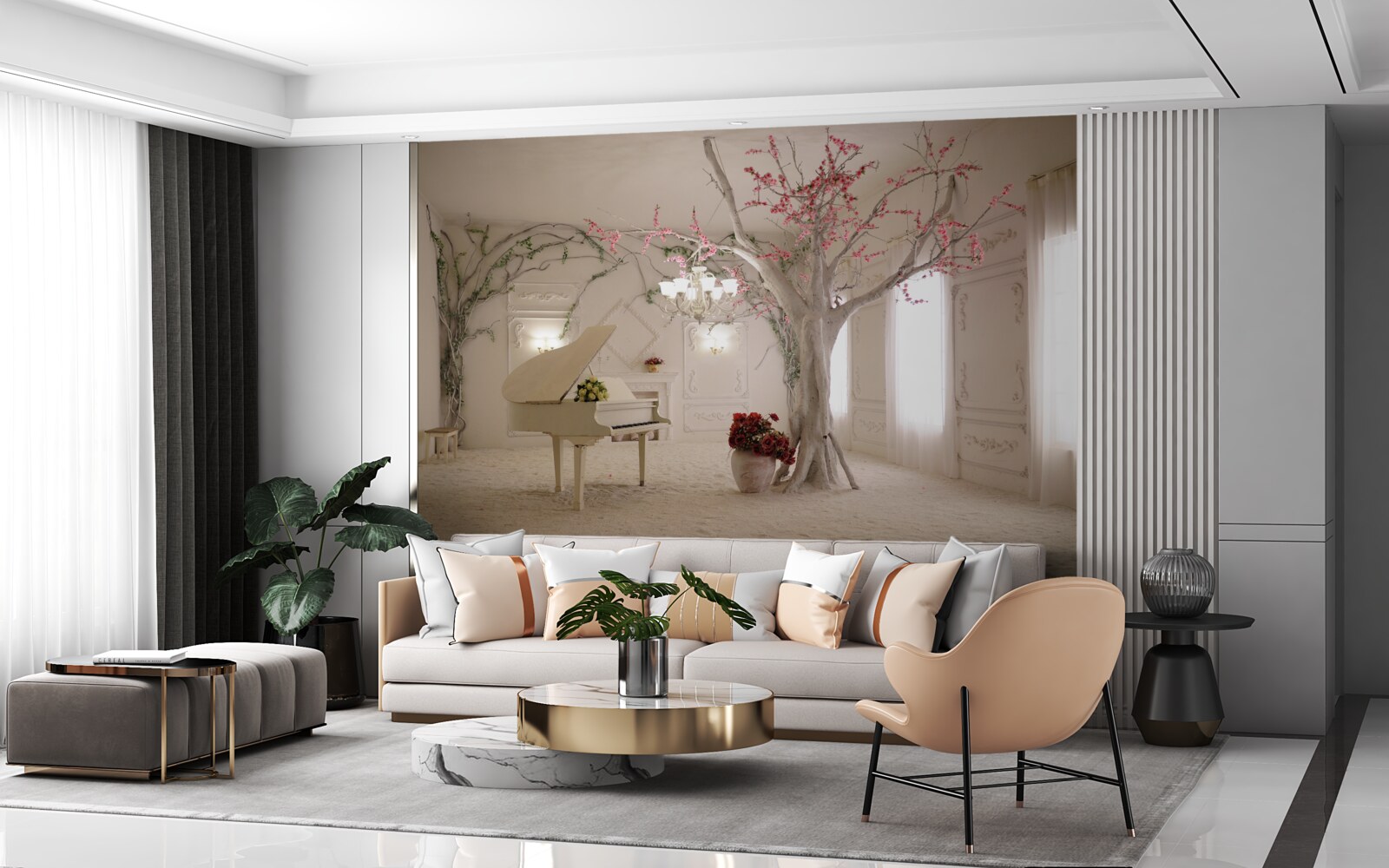 Fototapeta v strede miestnosti je klavír a strom