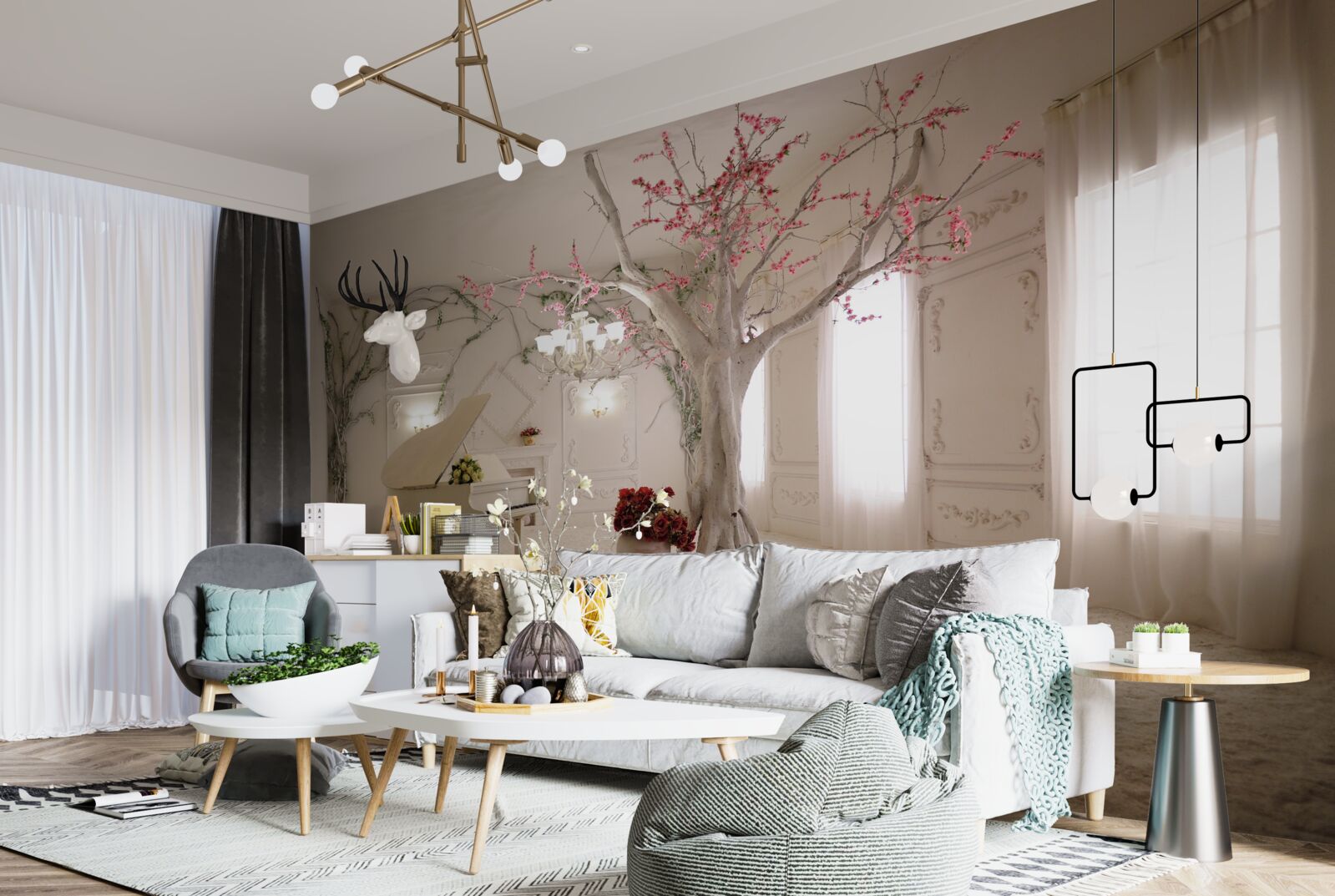 Fototapeta v strede miestnosti je klavír a strom