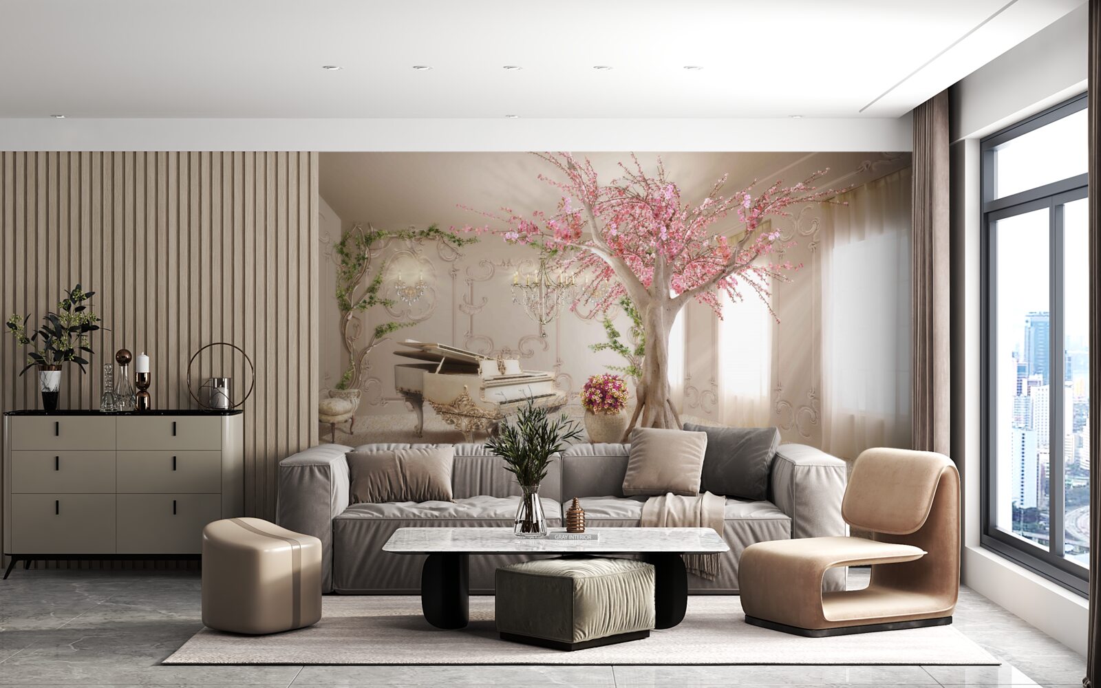 Fototapeta magická obývačka so stromom sakura