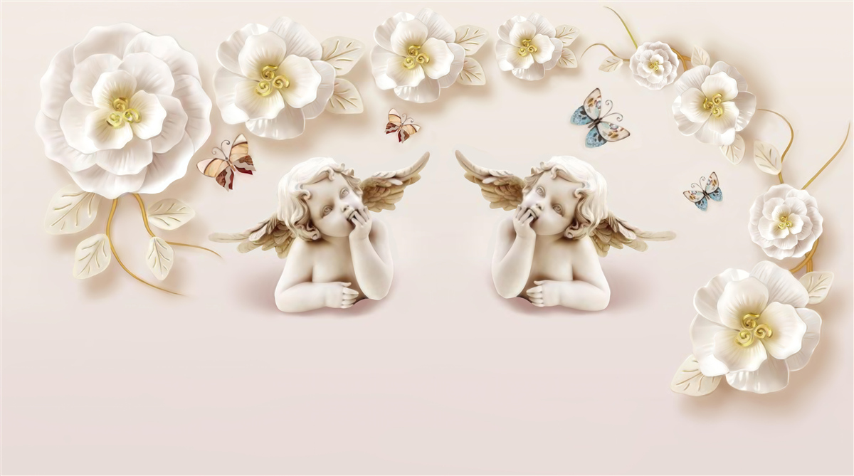 Fototapeta pár anjelov, snehobiele ruže a nočné motýle