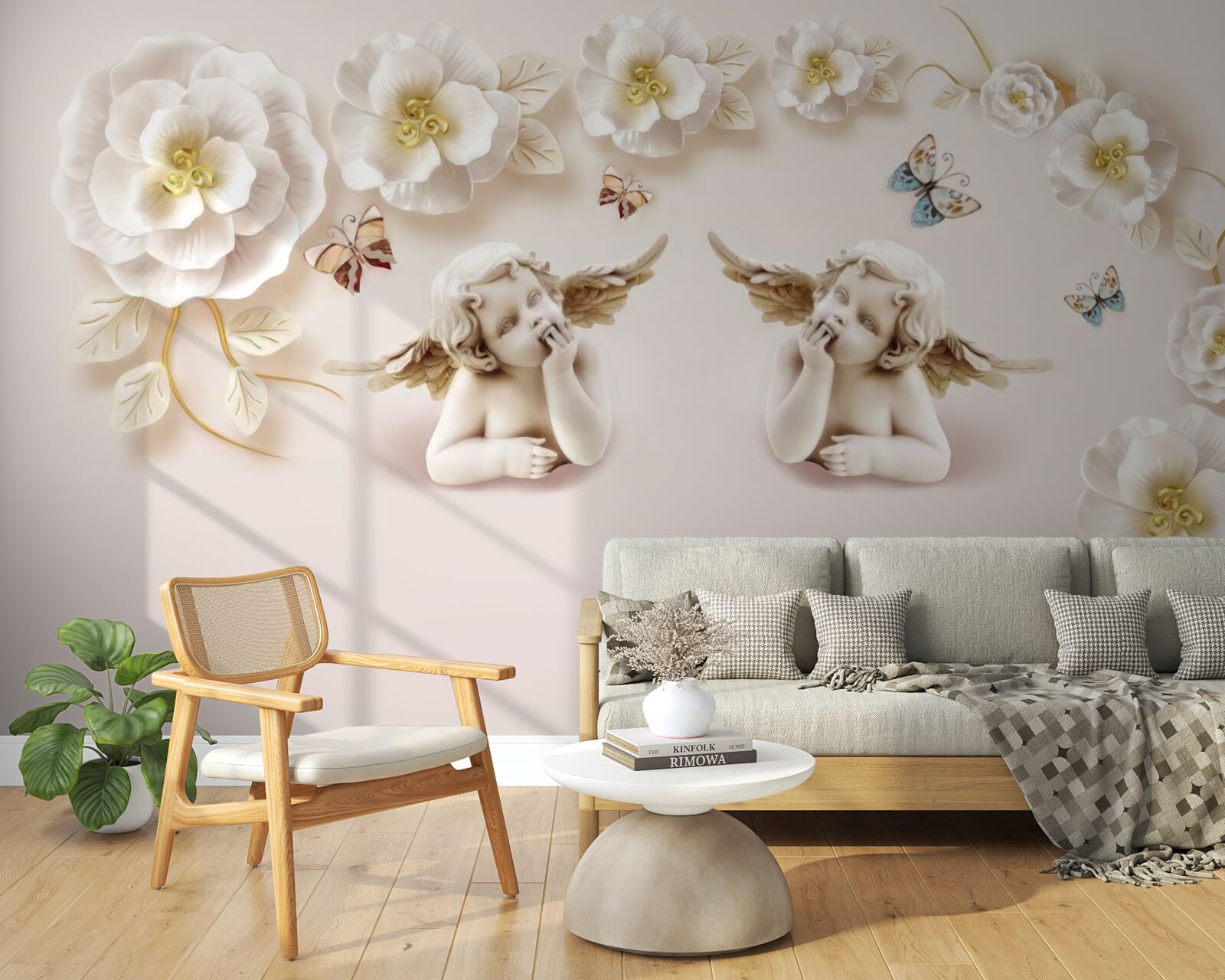 Fototapeta pár anjelov, snehobiele ruže a nočné motýle