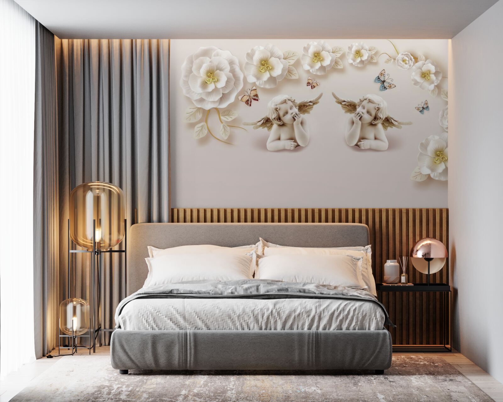 Fototapeta pár anjelov, snehobiele ruže a nočné motýle