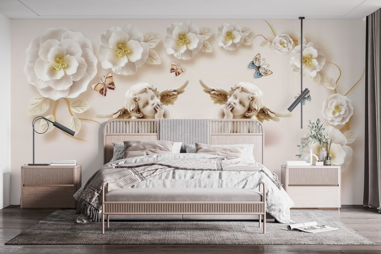 Fototapeta pár anjelov, snehobiele ruže a nočné motýle