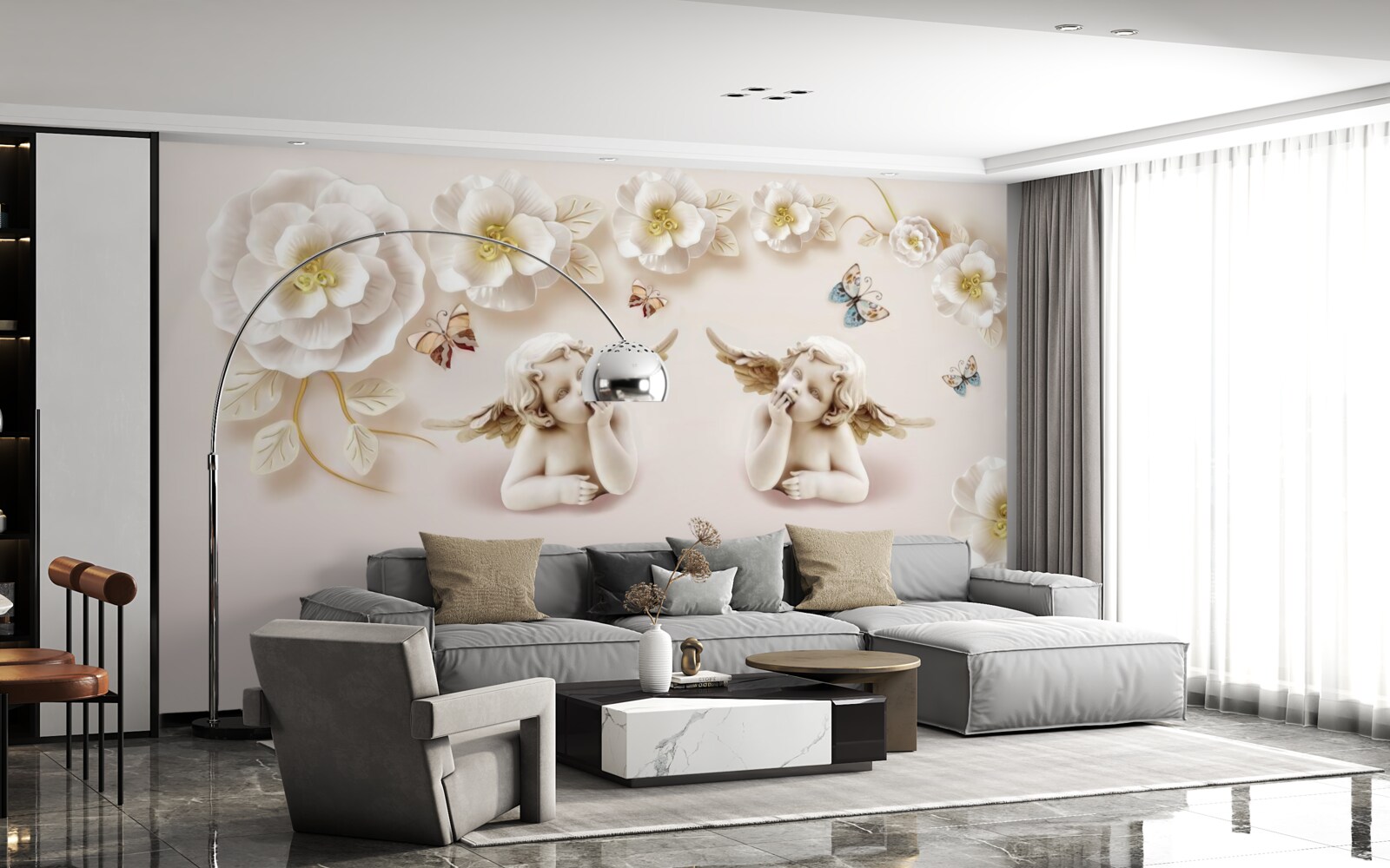 Fototapeta pár anjelov, snehobiele ruže a nočné motýle