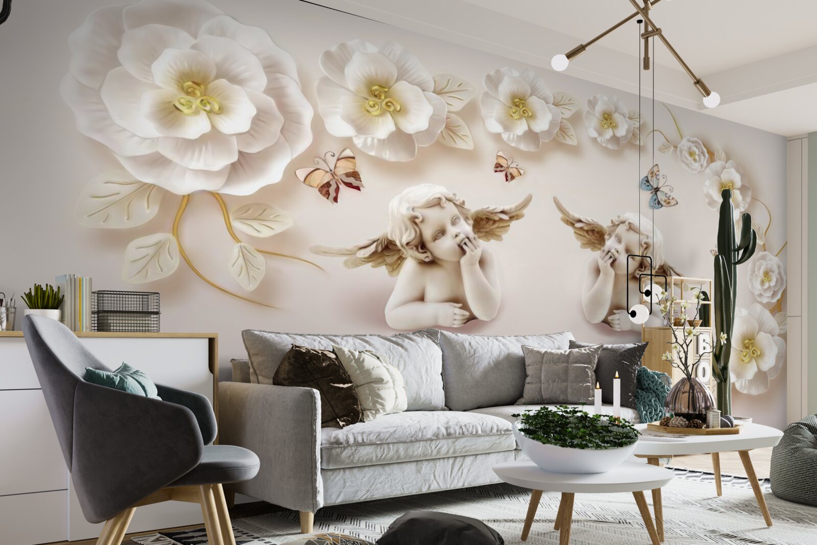 Fototapeta pár anjelov, snehobiele ruže a nočné motýle