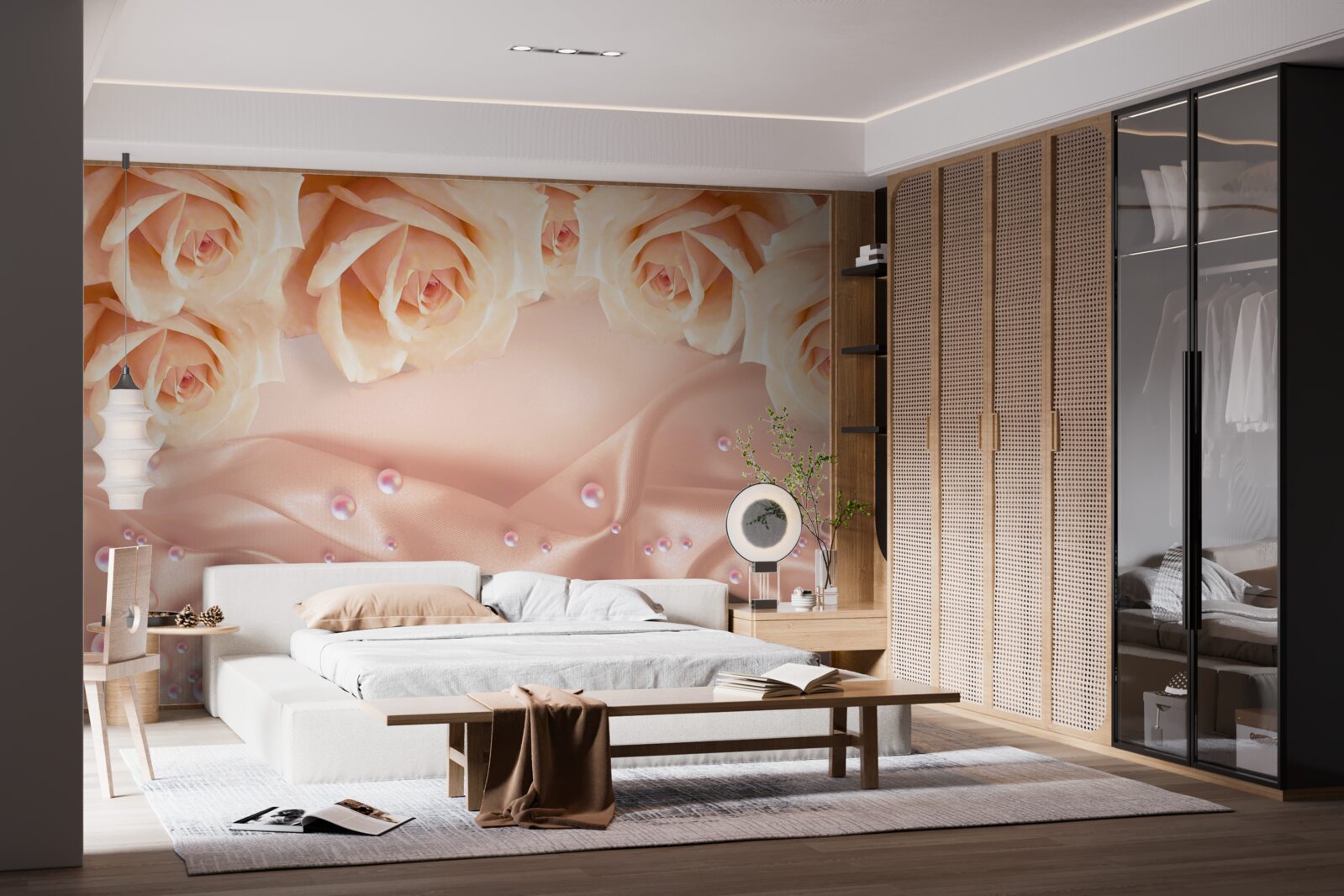 Fototapeta perly a oranžové ruže