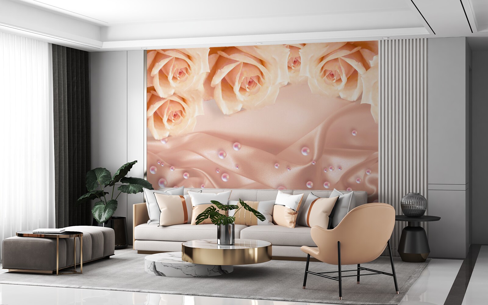 Fototapeta perly a oranžové ruže