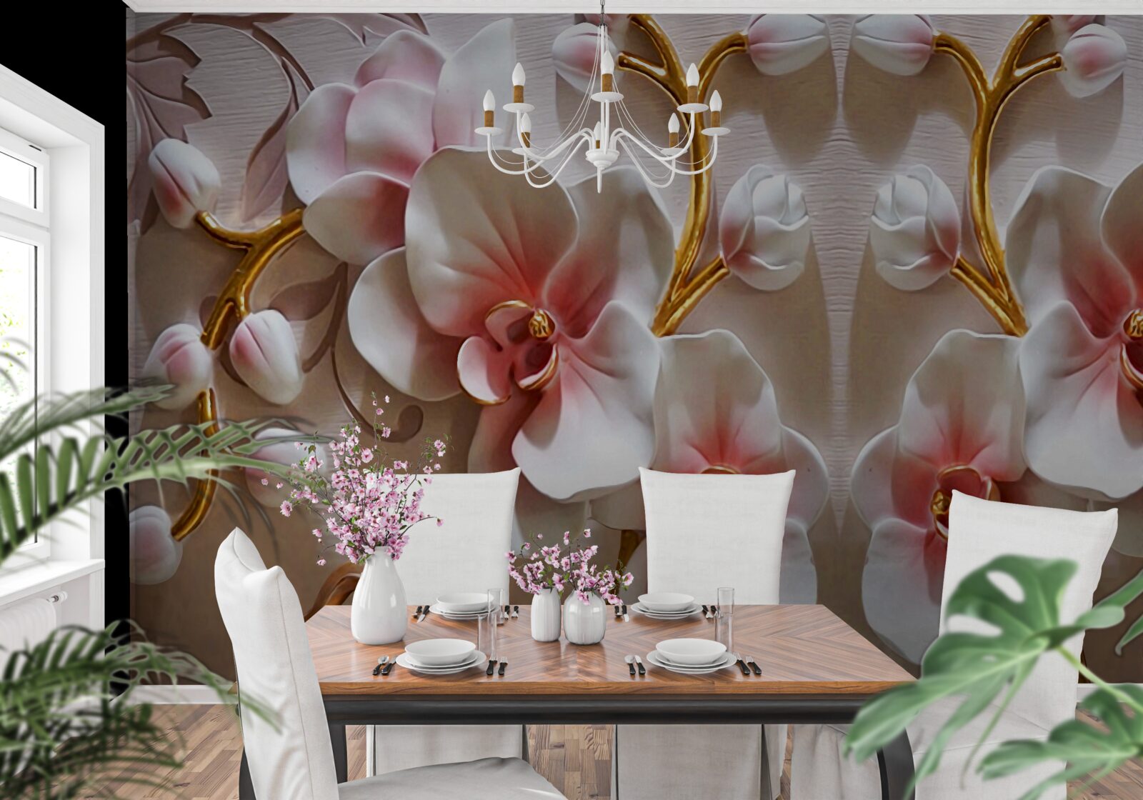 Fototapeta púčiky orchideí odrážajúce sa v snehobielej farbe