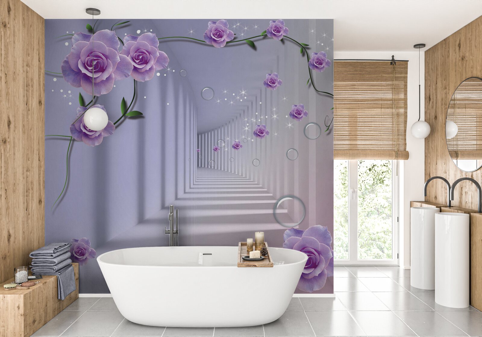 Fototapeta v perspektíve tunel zdobený fialovou ružou