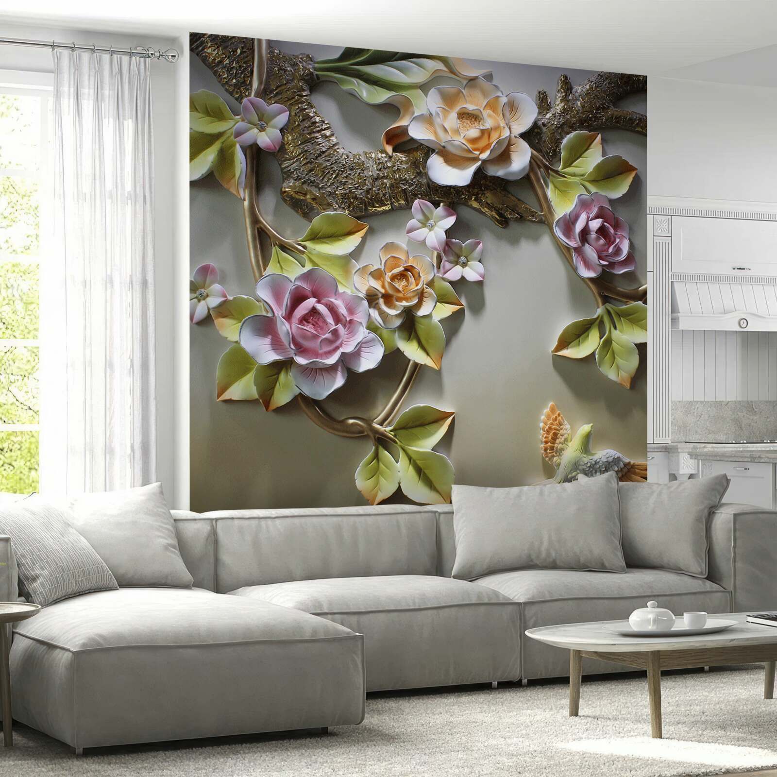 Fototapeta lotosové kvety v odtieňoch žltej a bielofialovej a vtáčik