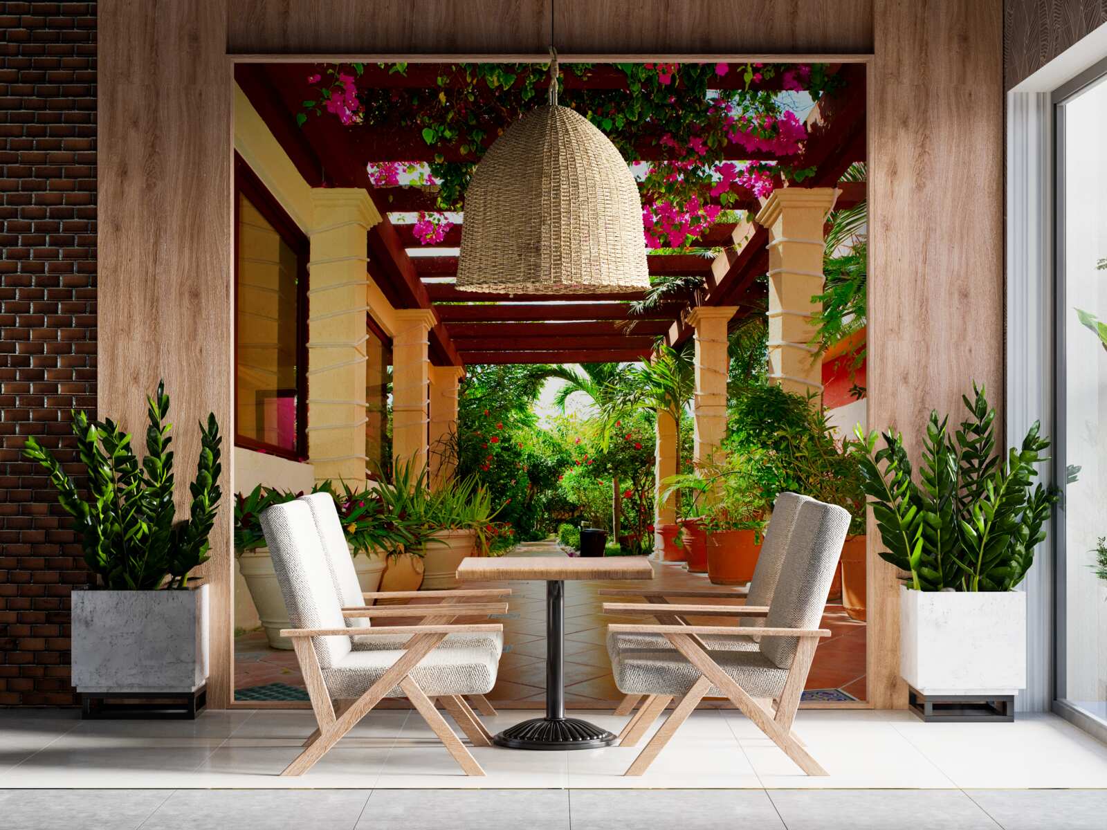 Fototapeta terasa pri dome, zdobená rastlinami