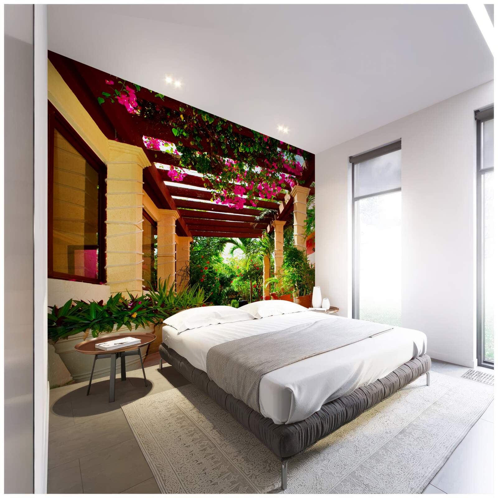 Fototapeta terasa pri dome, zdobená rastlinami