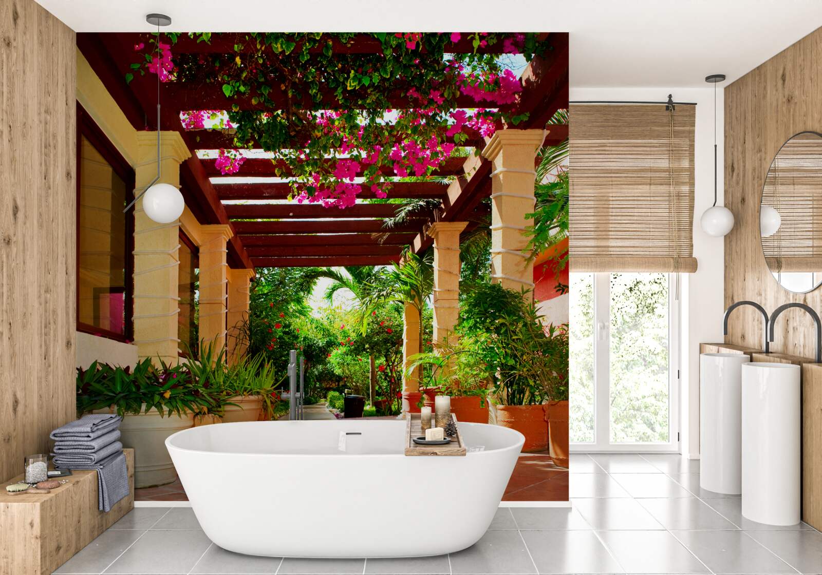 Fototapeta terasa pri dome, zdobená rastlinami