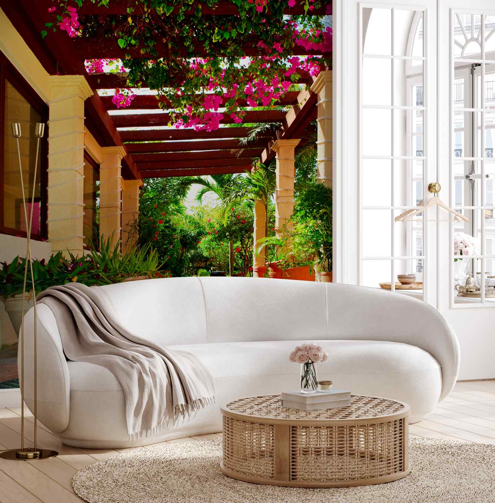 Fototapeta terasa pri dome, zdobená rastlinami