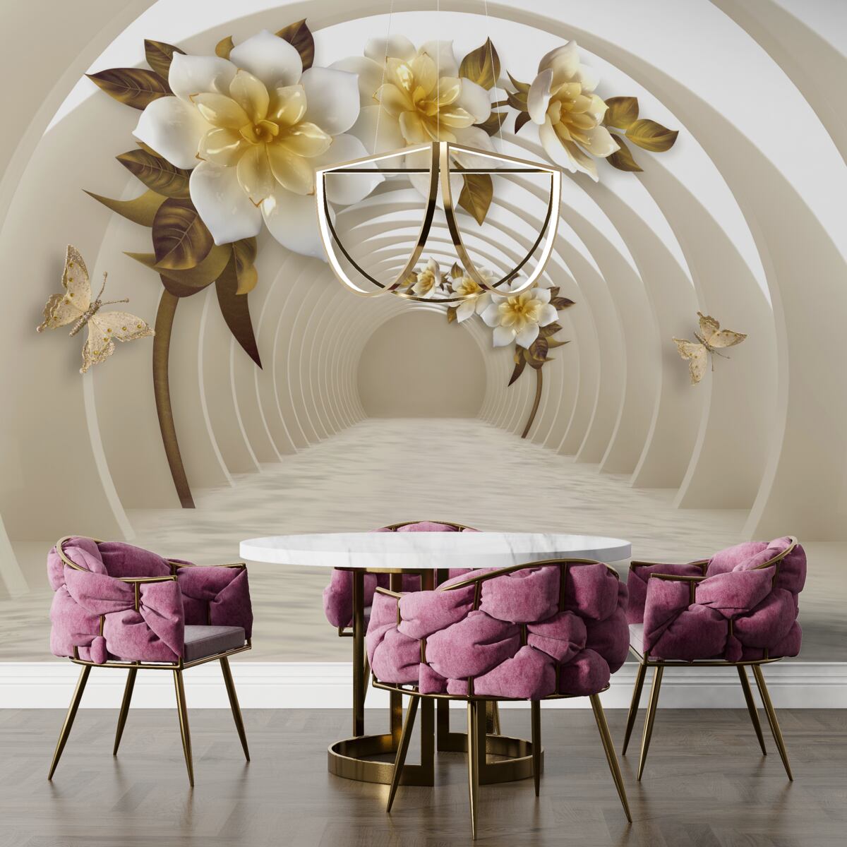 Fototapeta pri perspektívnom pohľade môžete vidieť biele lotosy zdobené zlatom