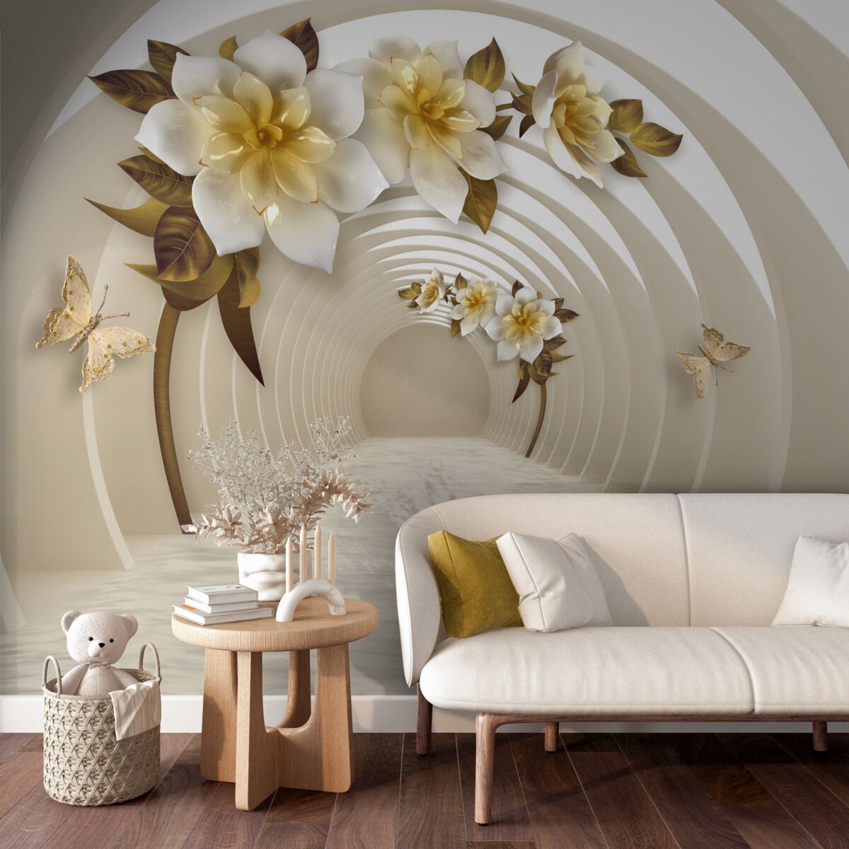 Fototapeta pri perspektívnom pohľade môžete vidieť biele lotosy zdobené zlatom