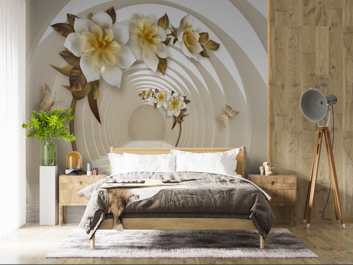 Fototapeta pri perspektívnom pohľade môžete vidieť biele lotosy zdobené zlatom