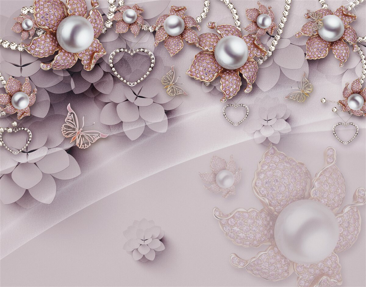 Fototapeta v strede sú perly obklopené jemnými ružovými kvetmi
