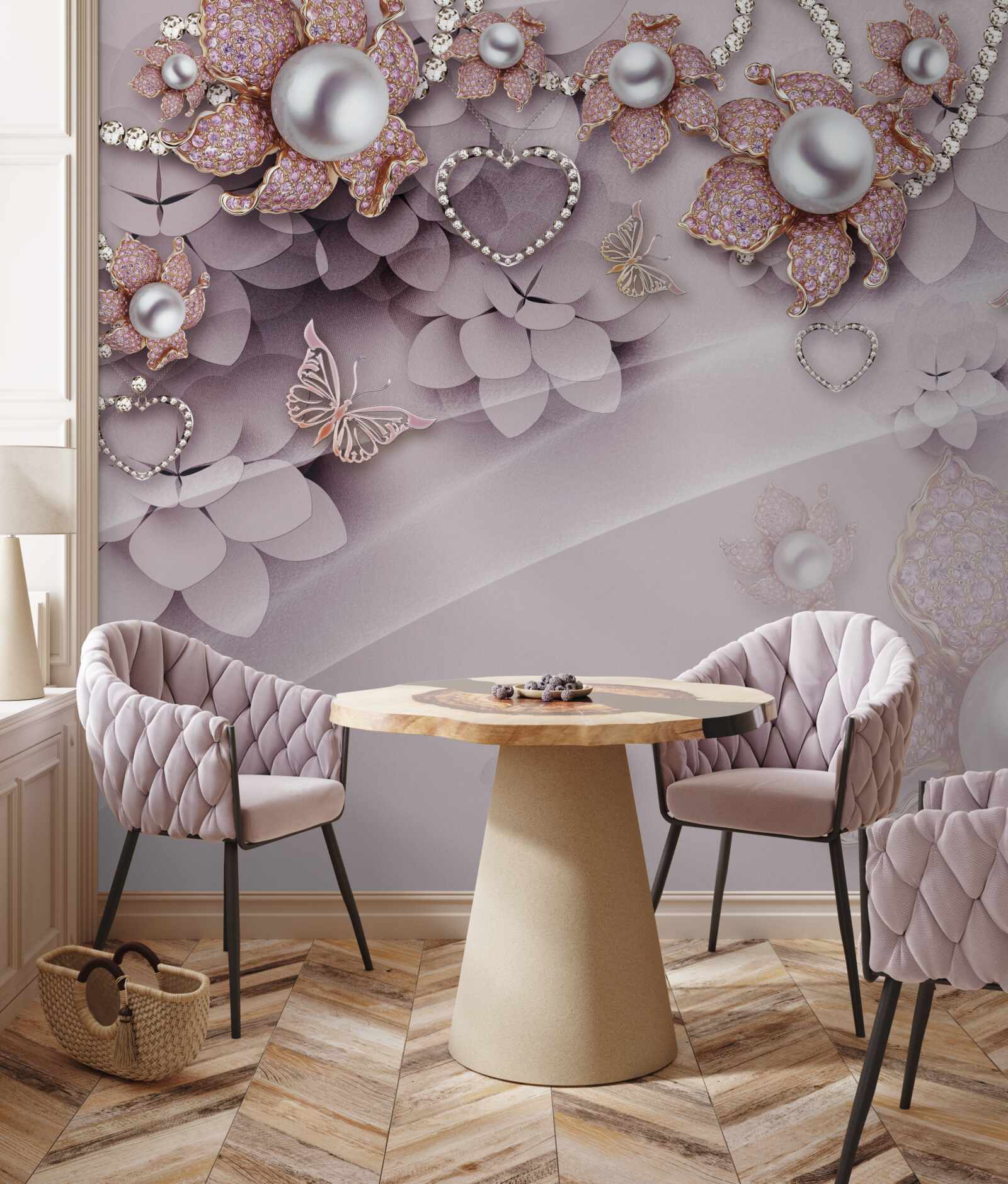 Fototapeta v strede sú perly obklopené jemnými ružovými kvetmi