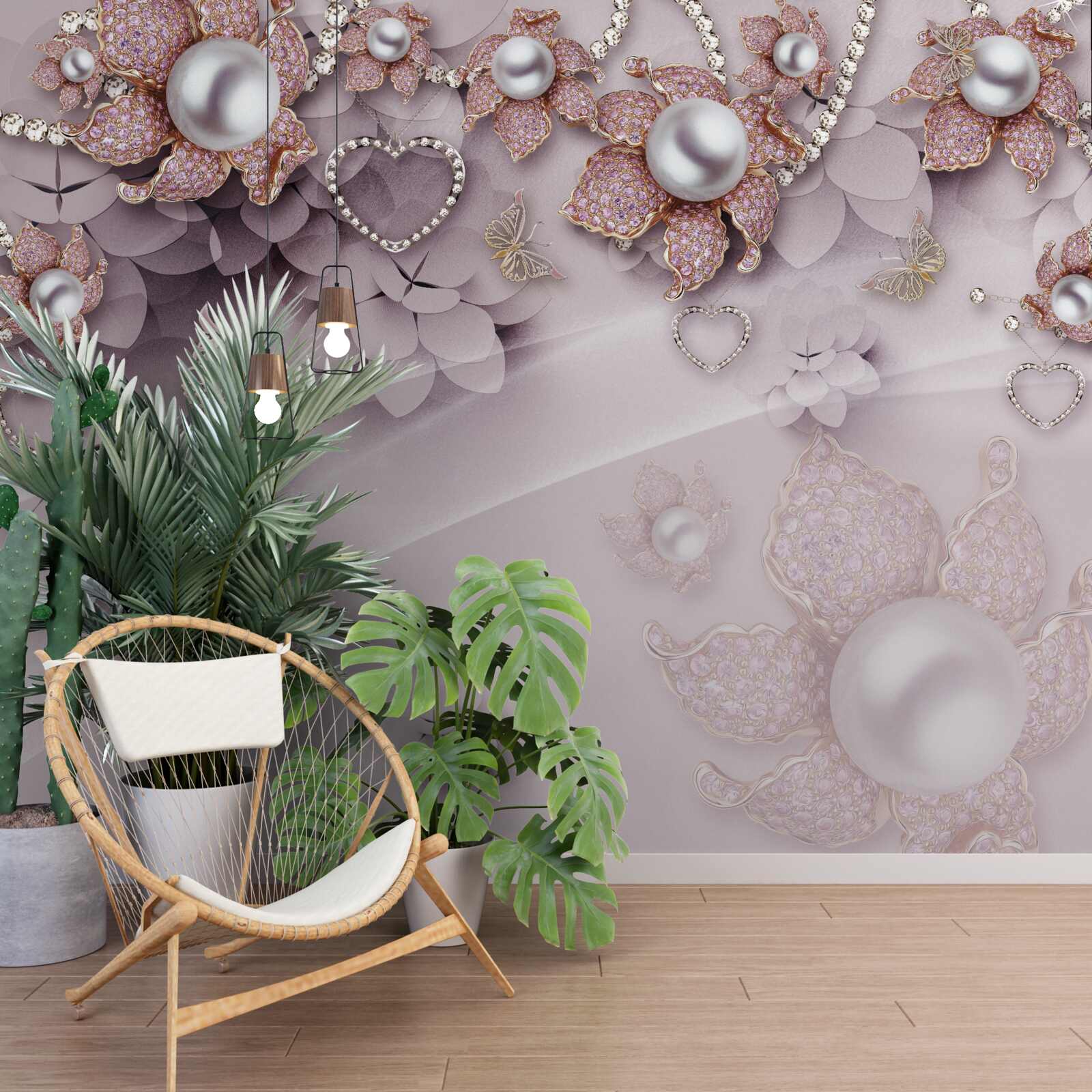 Fototapeta v strede sú perly obklopené jemnými ružovými kvetmi