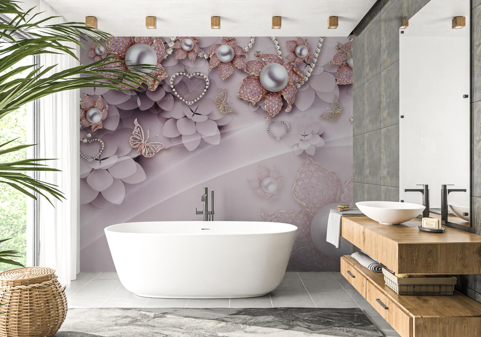 Fototapeta v strede sú perly obklopené jemnými ružovými kvetmi