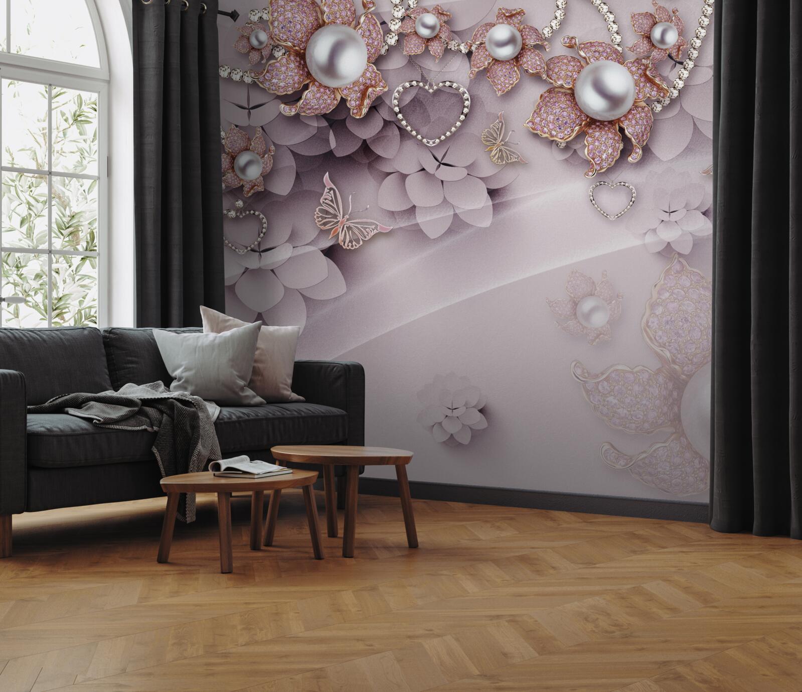 Fototapeta v strede sú perly obklopené jemnými ružovými kvetmi