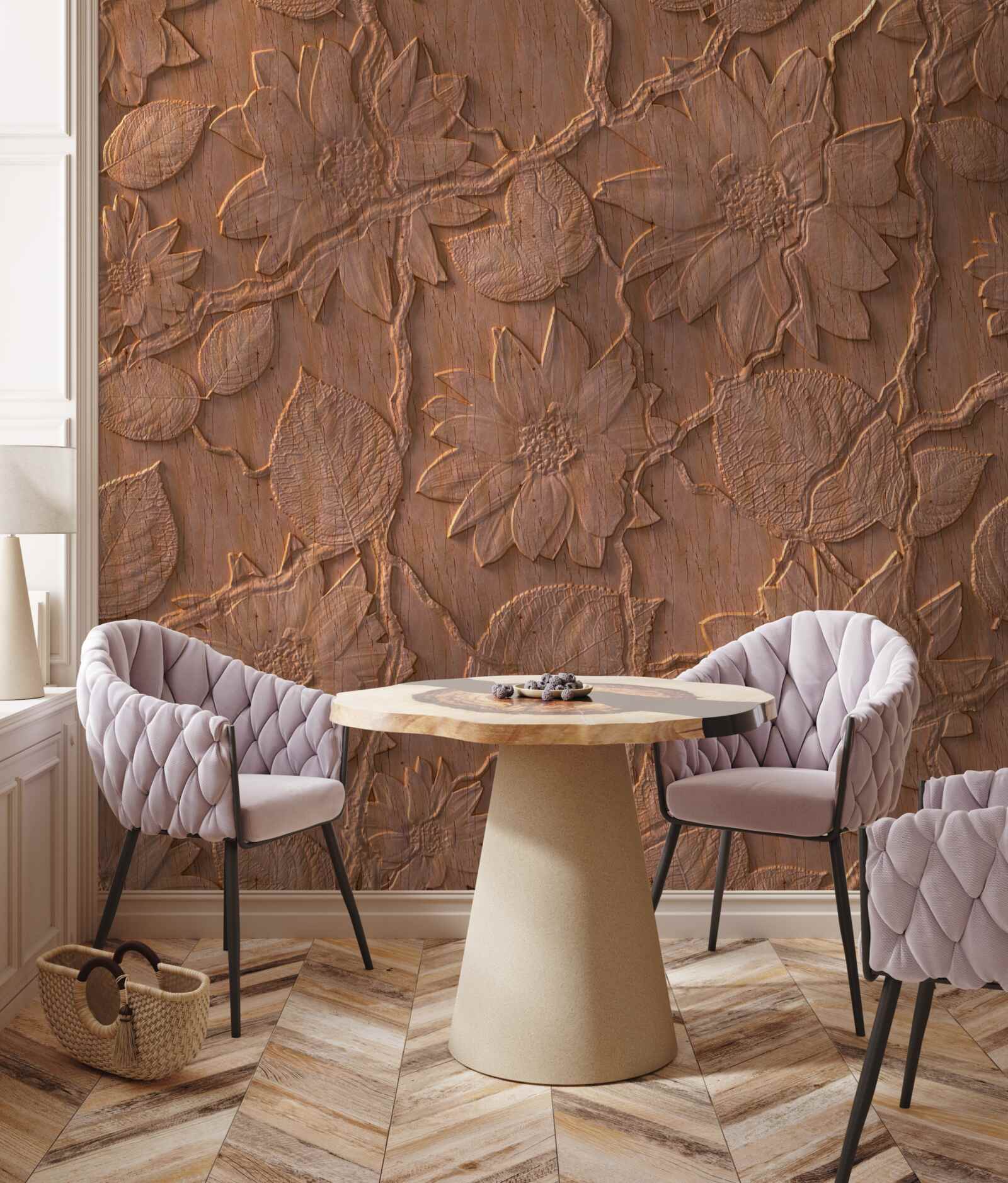 Fototapeta omietka s kvetmi, vyrobená zo surového dreva