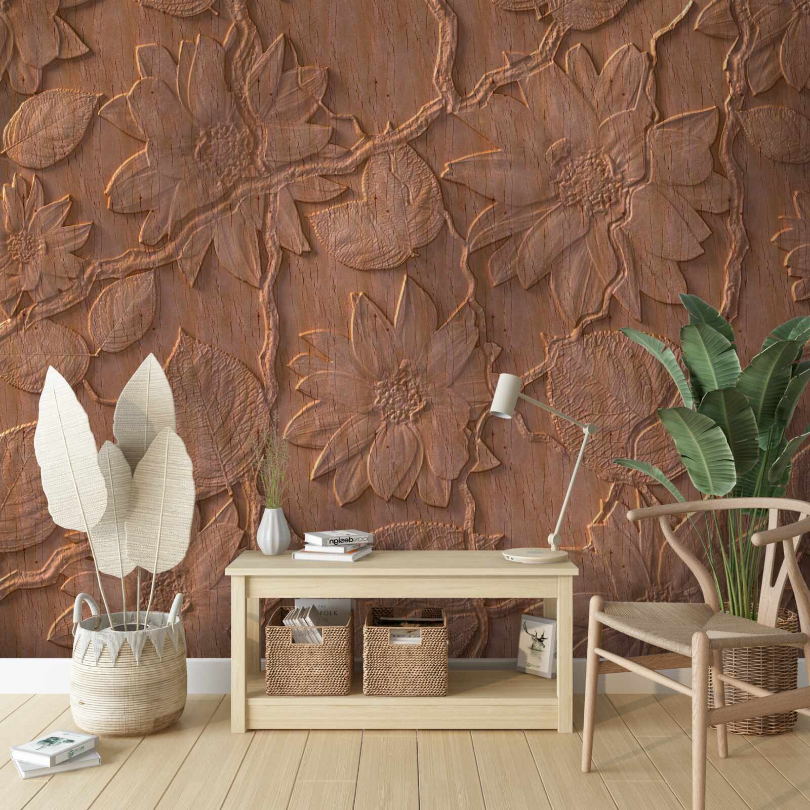 Fototapeta omietka s kvetmi, vyrobená zo surového dreva