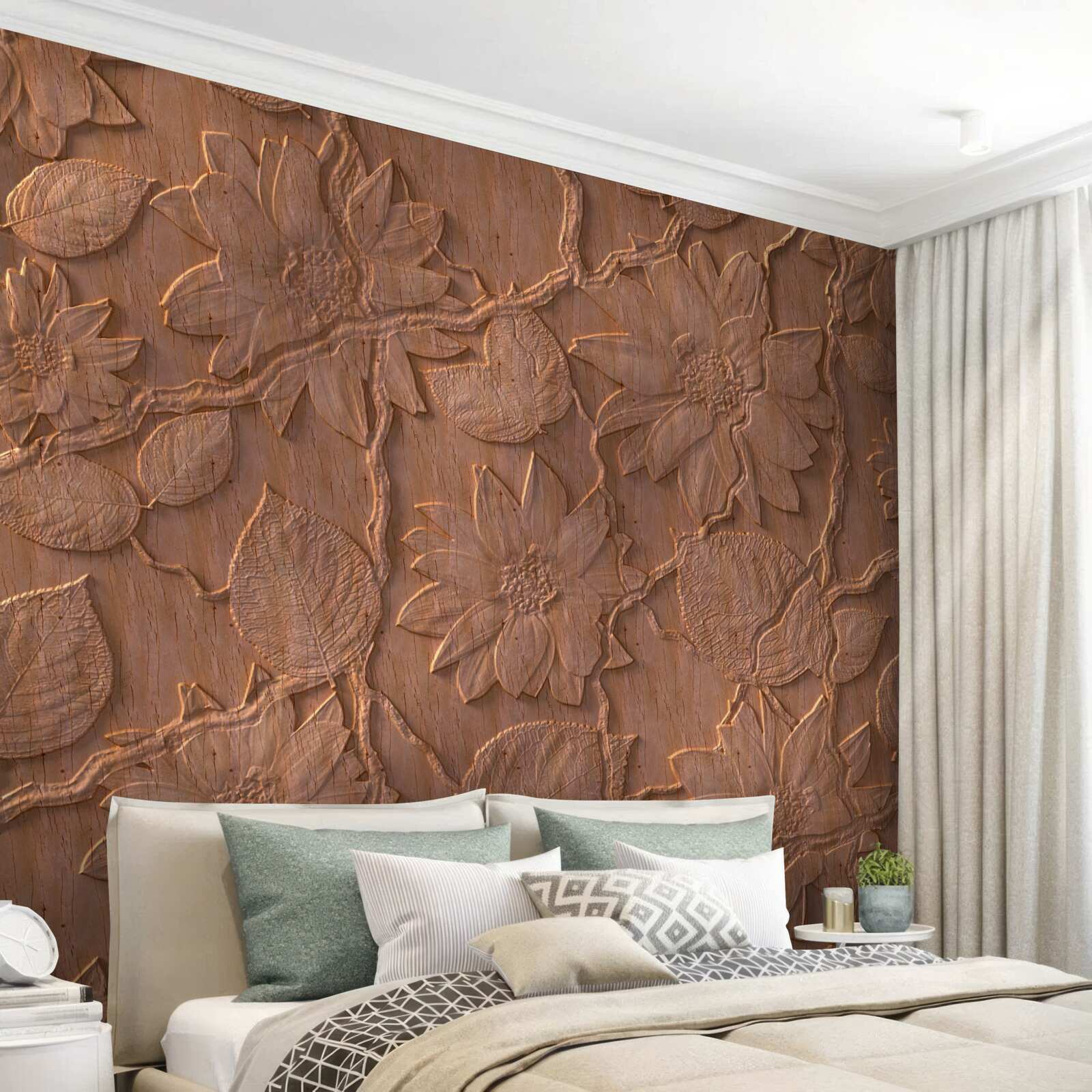 Fototapeta omietka s kvetmi, vyrobená zo surového dreva