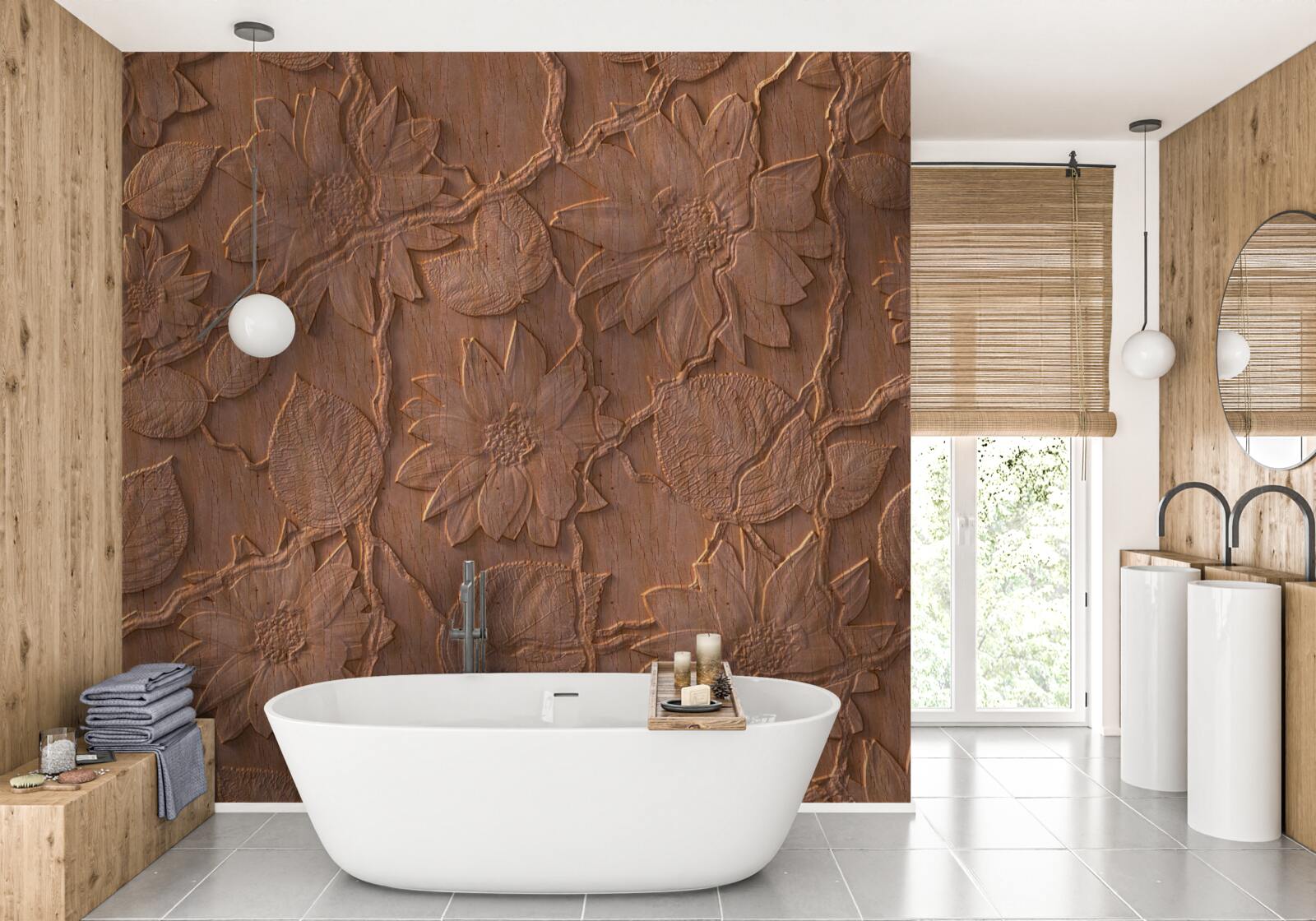 Fototapeta omietka s kvetmi, vyrobená zo surového dreva