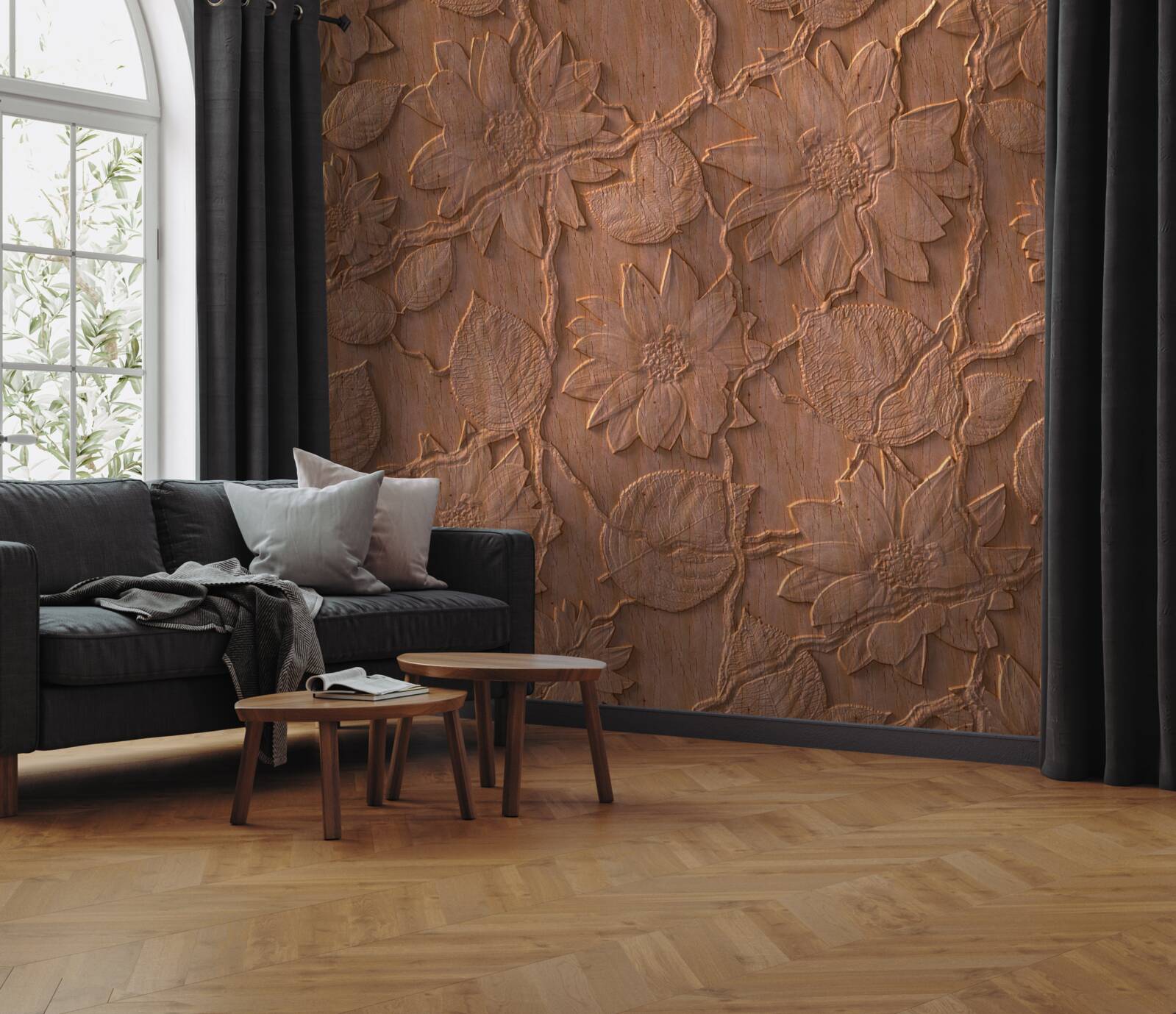 Fototapeta omietka s kvetmi, vyrobená zo surového dreva