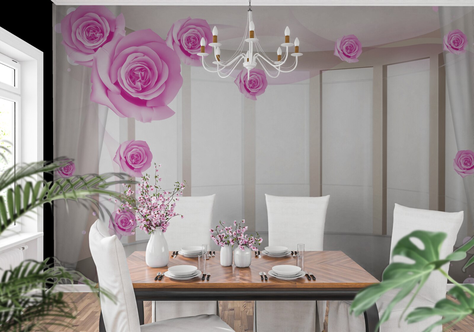 Fototapeta terasa s panoramatickým výhľadom a rozkvitnutými ružami