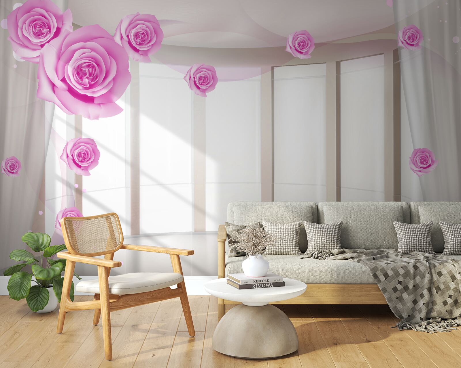 Fototapeta terasa s panoramatickým výhľadom a rozkvitnutými ružami