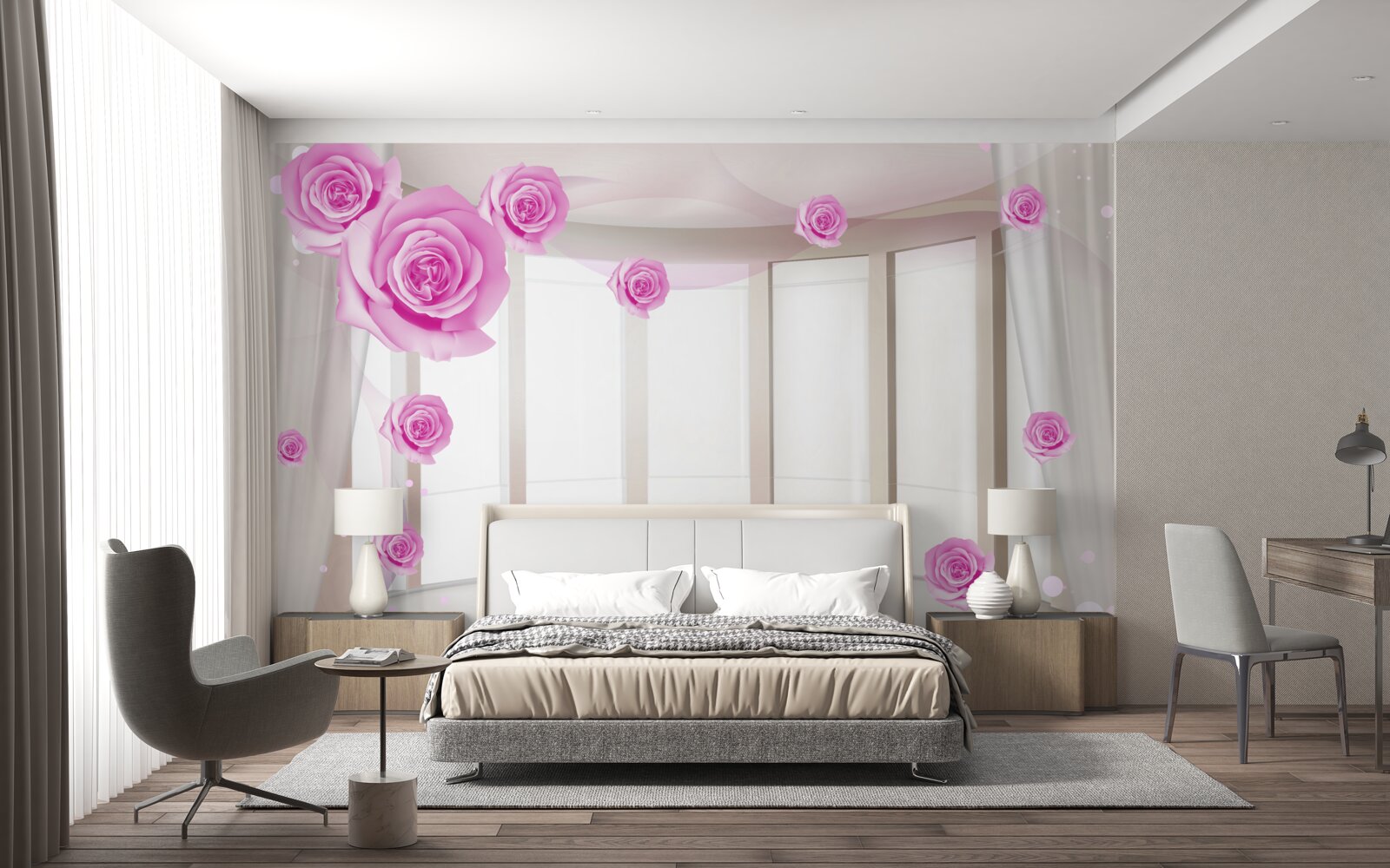 Fototapeta terasa s panoramatickým výhľadom a rozkvitnutými ružami