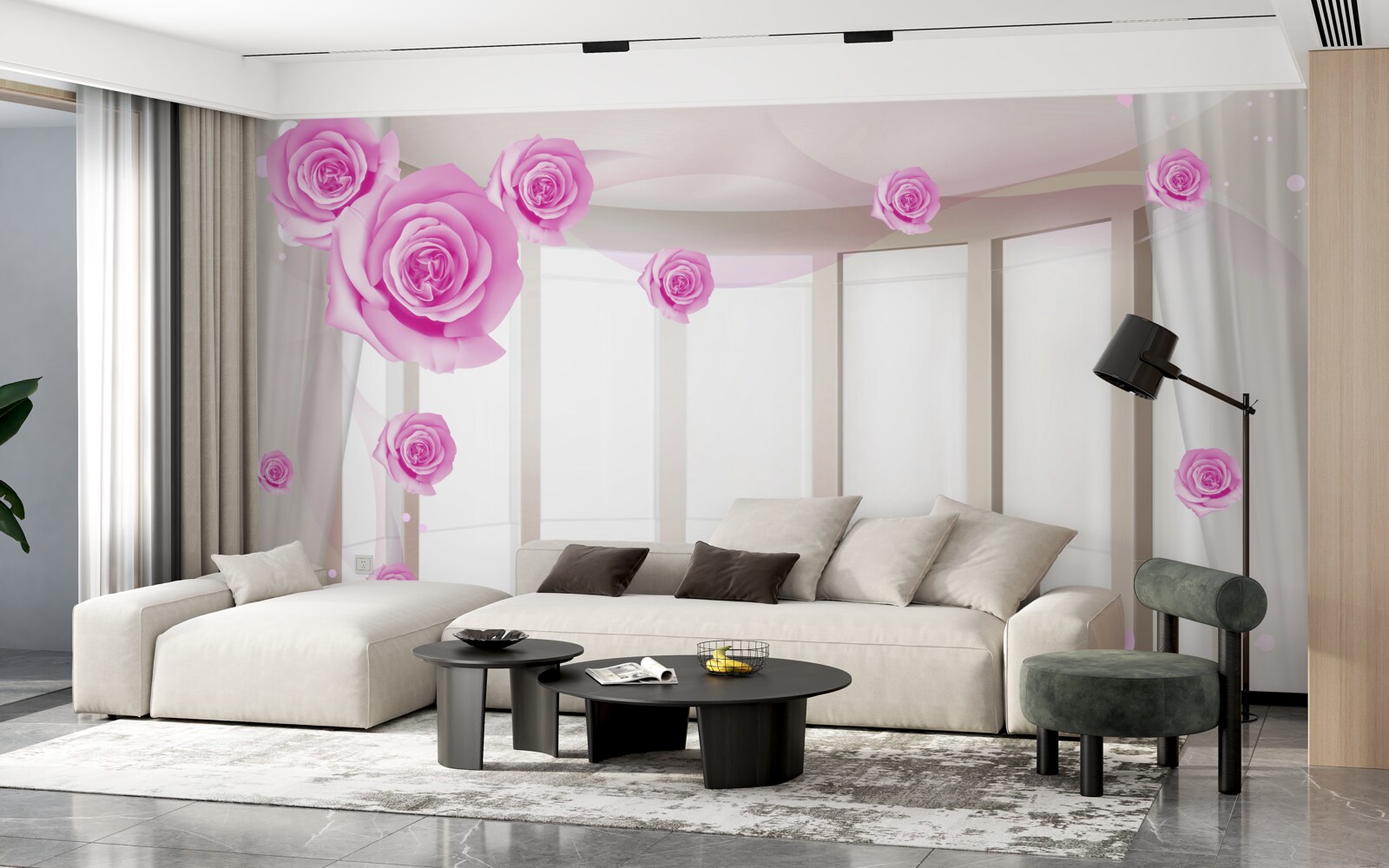 Fototapeta terasa s panoramatickým výhľadom a rozkvitnutými ružami