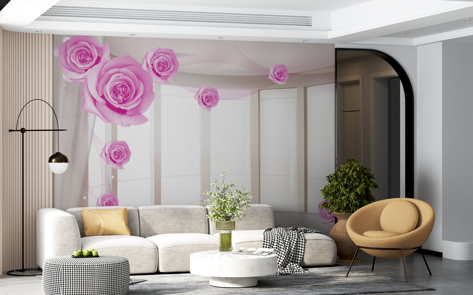 Fototapeta terasa s panoramatickým výhľadom a rozkvitnutými ružami