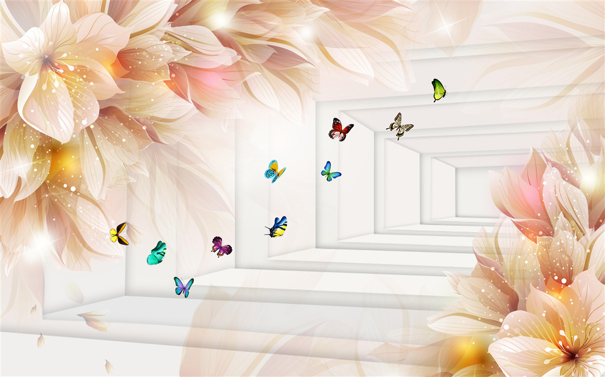 Fototapeta tunel je plný farieb: kvetov a farebných motýľov