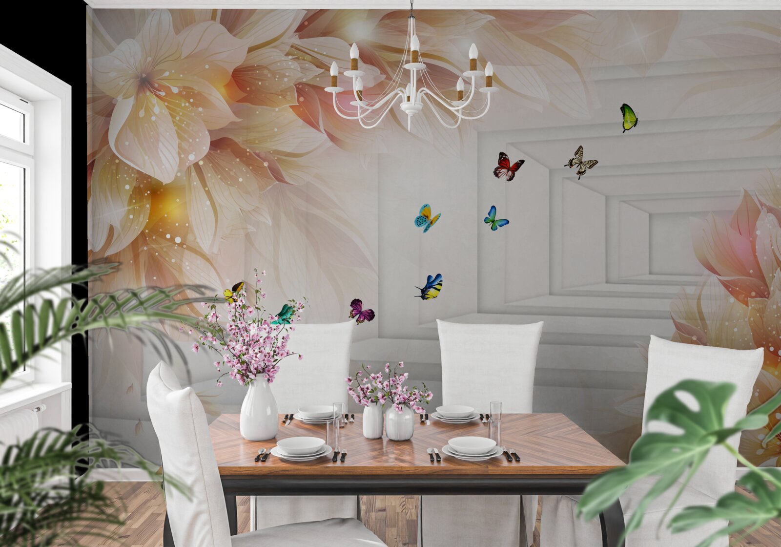 Fototapeta tunel je plný farieb: kvetov a farebných motýľov