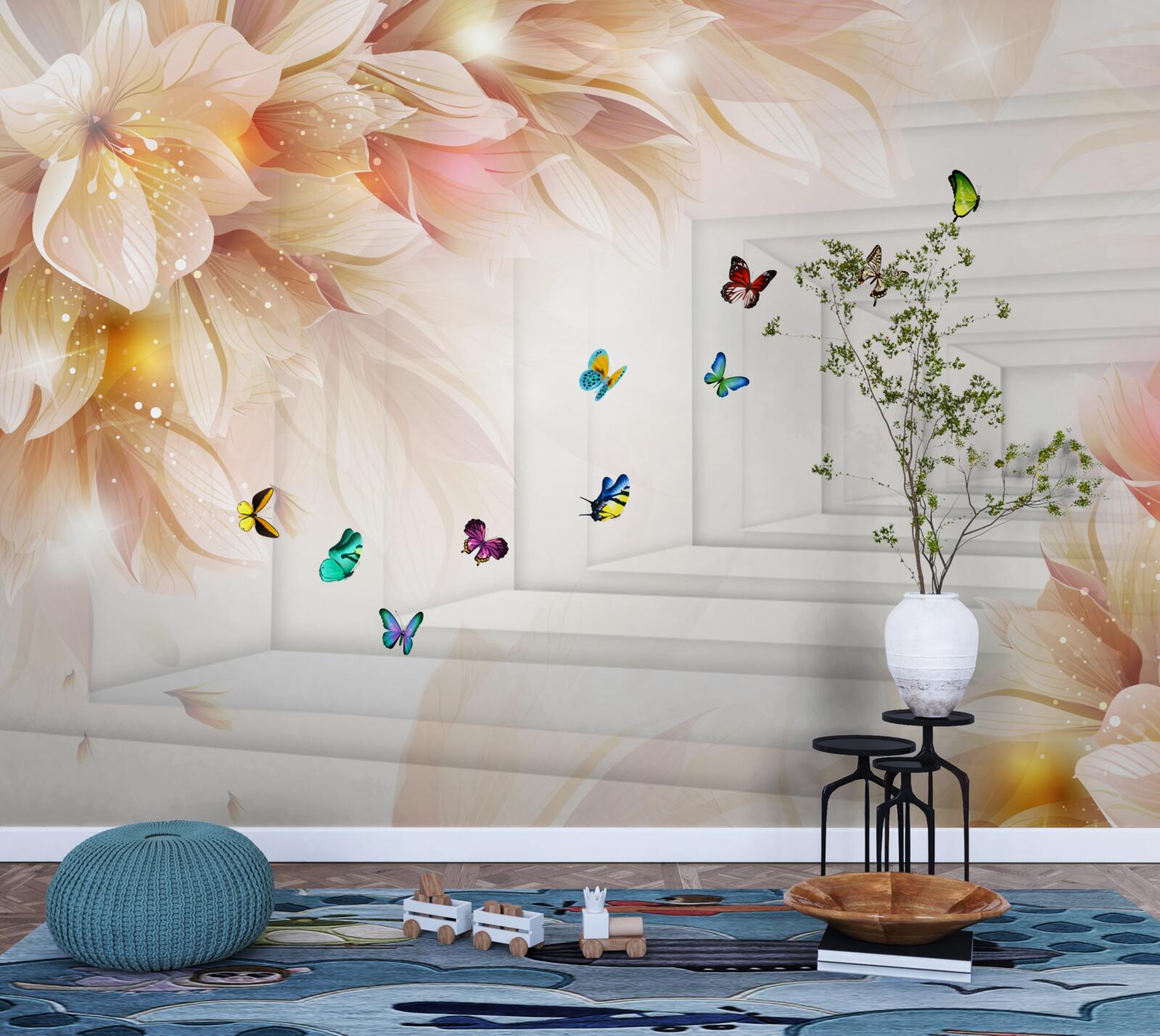 Fototapeta tunel je plný farieb: kvetov a farebných motýľov