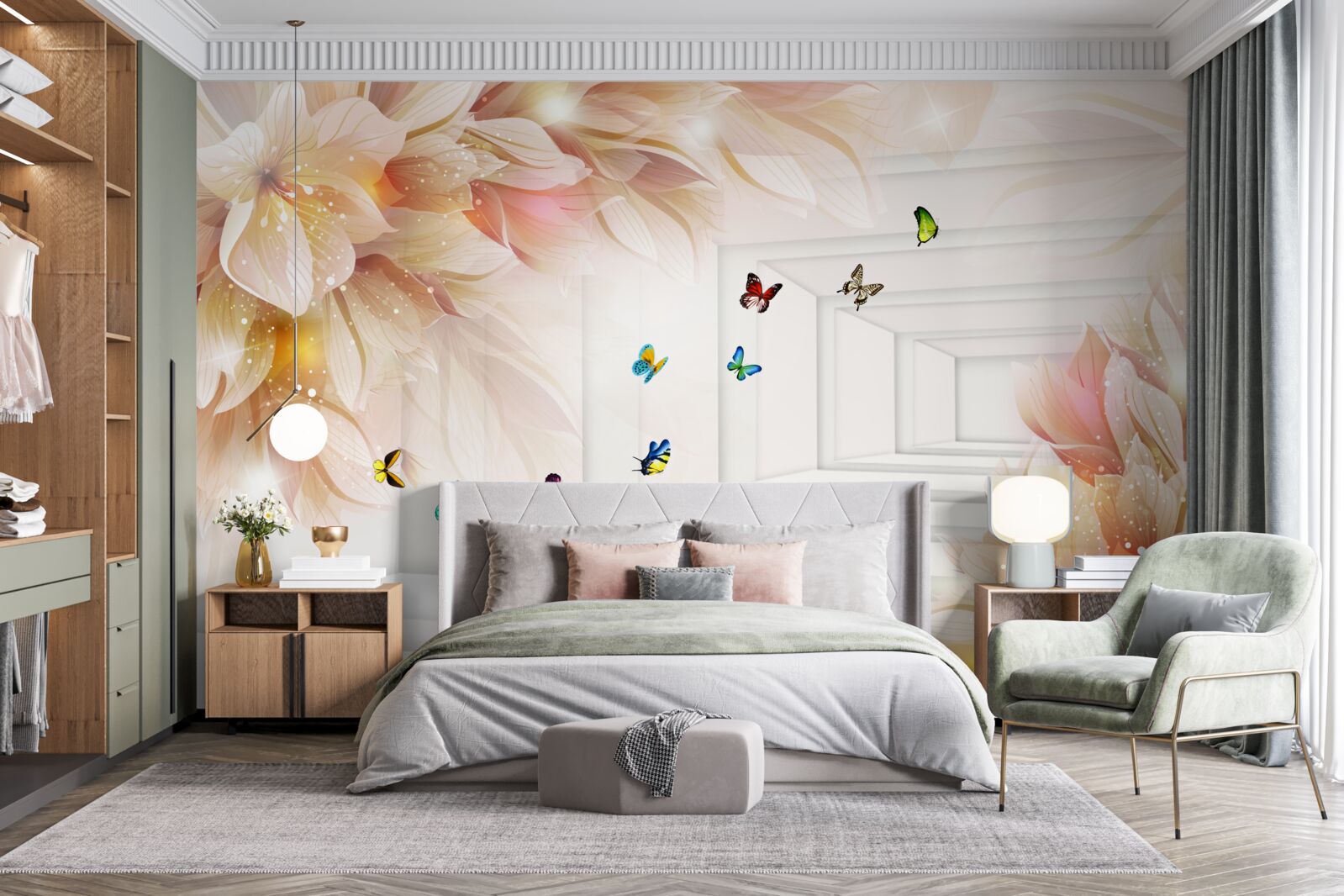 Fototapeta tunel je plný farieb: kvetov a farebných motýľov