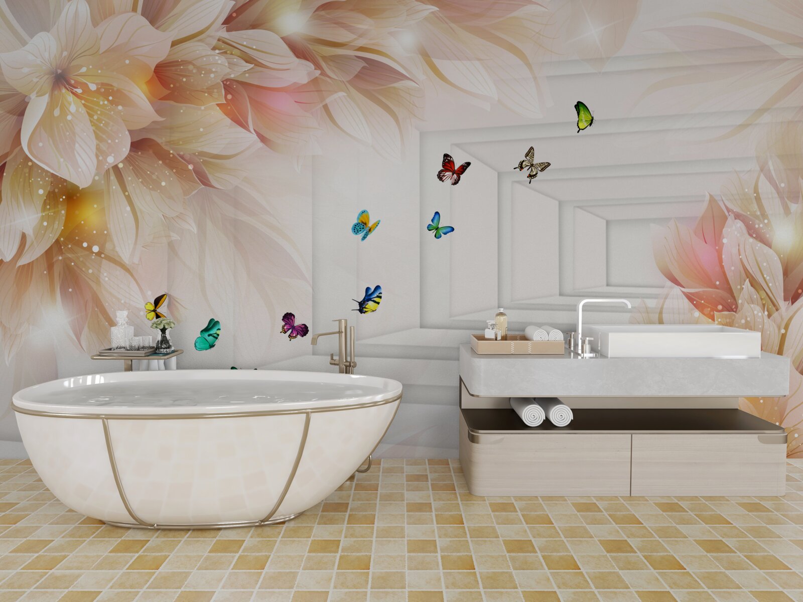 Fototapeta tunel je plný farieb: kvetov a farebných motýľov