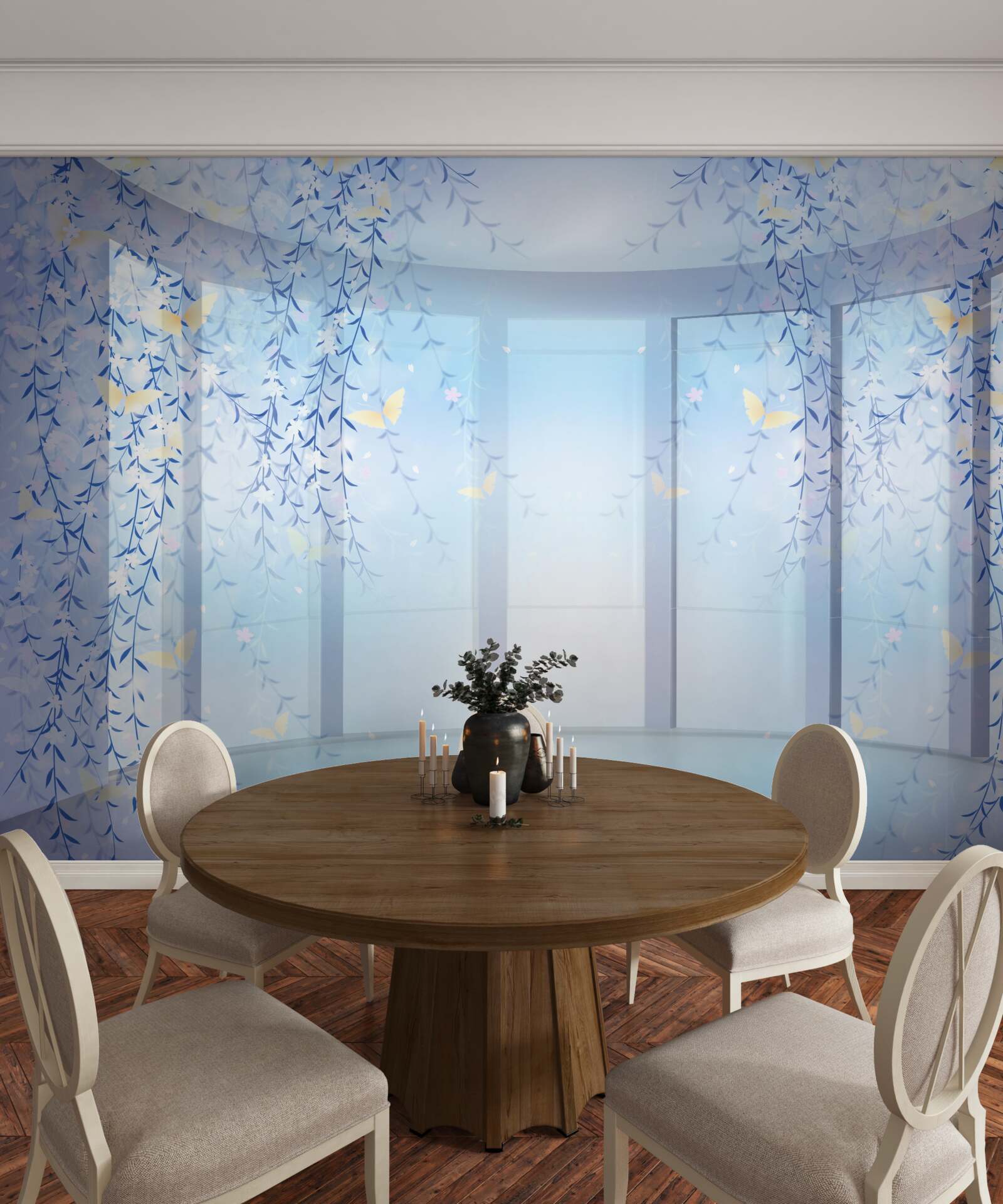 Fototapeta balkón s panoramatickým výhľadom v odtieňoch modrej