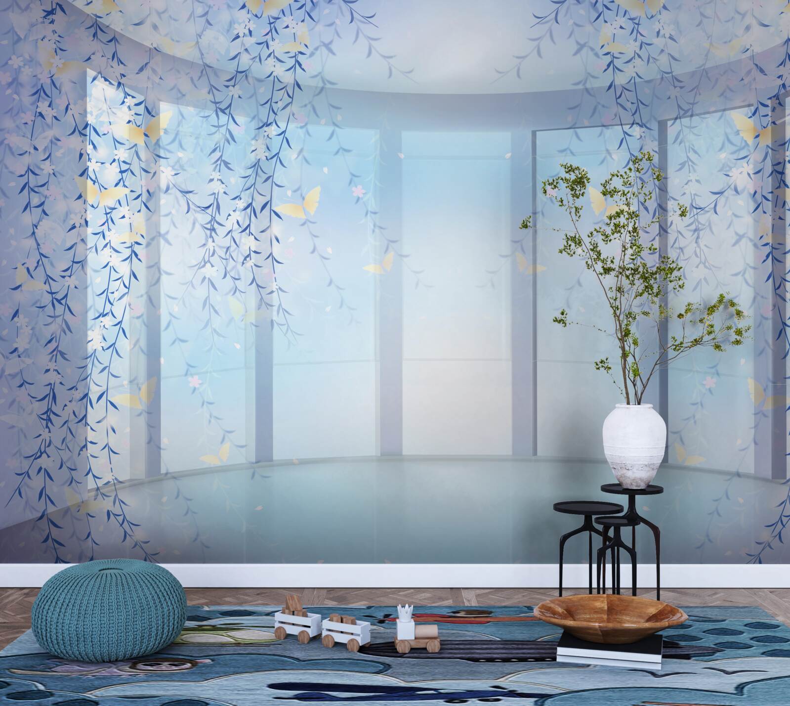 Fototapeta balkón s panoramatickým výhľadom v odtieňoch modrej